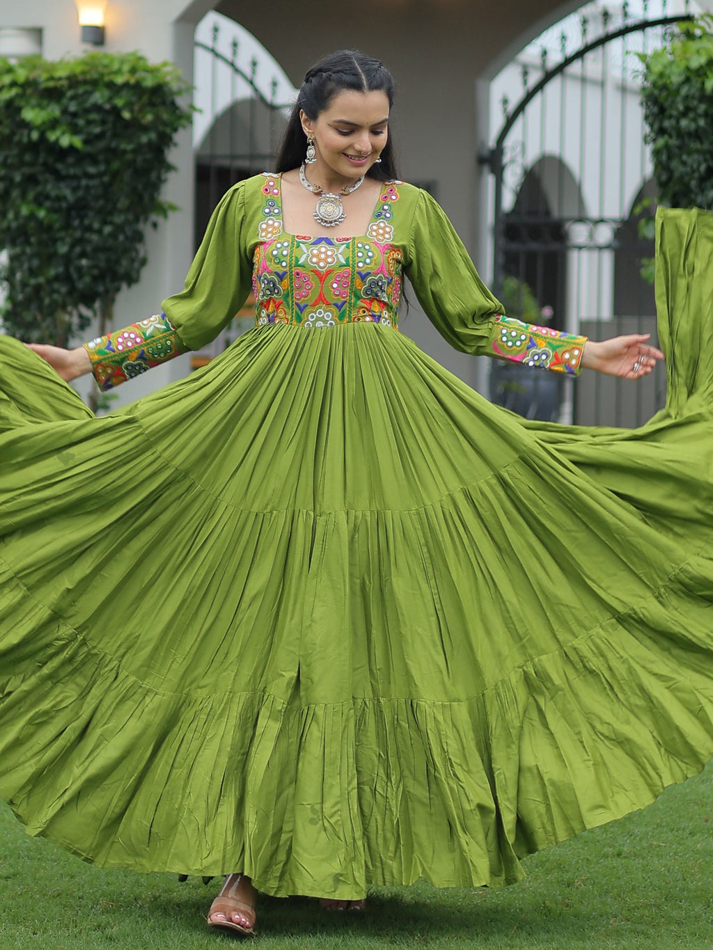 Green Rayon Kutchi Gamthi Work Flair Navratri Wear Gown