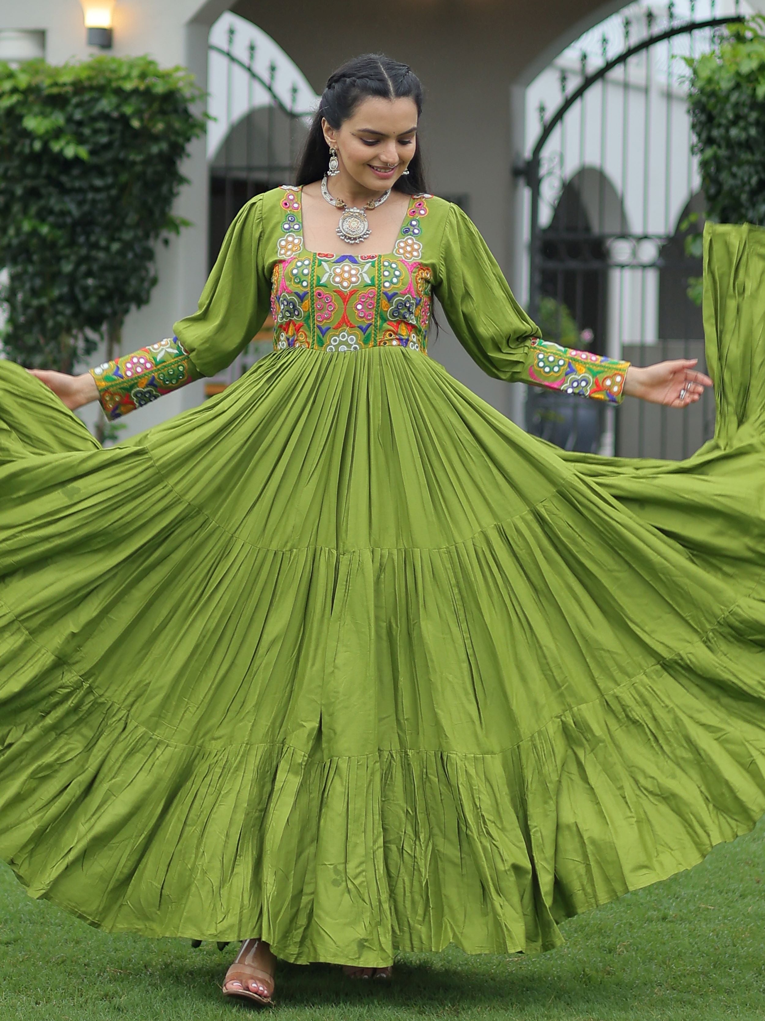 Green Rayon Kutchi Gamthi Work Flair Navratri Wear Gown