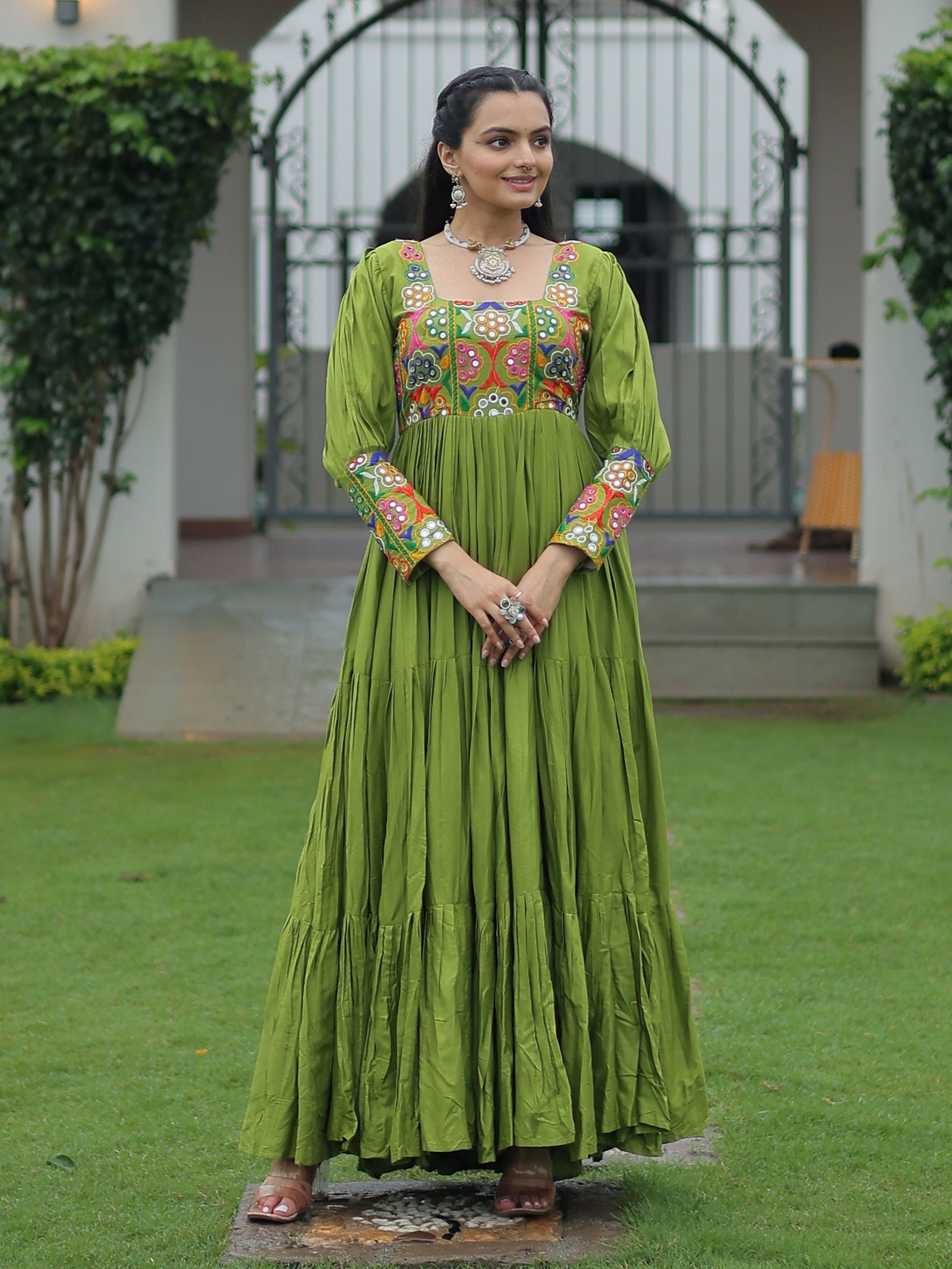 Green Rayon Kutchi Gamthi Work Flair Navratri Wear Gown