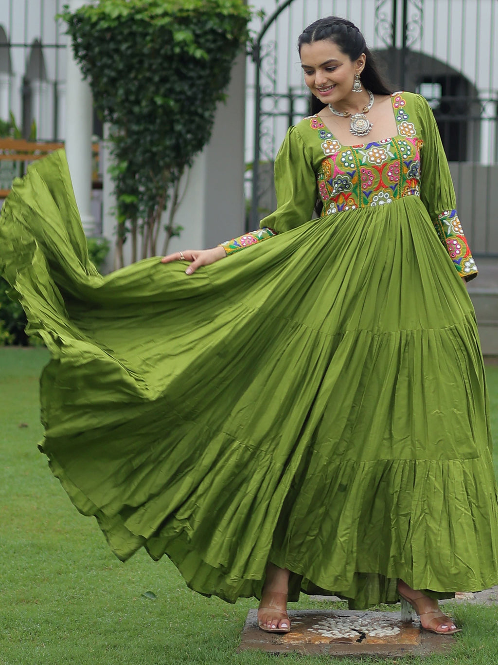 Green Rayon Kutchi Gamthi Work Flair Navratri Wear Gown