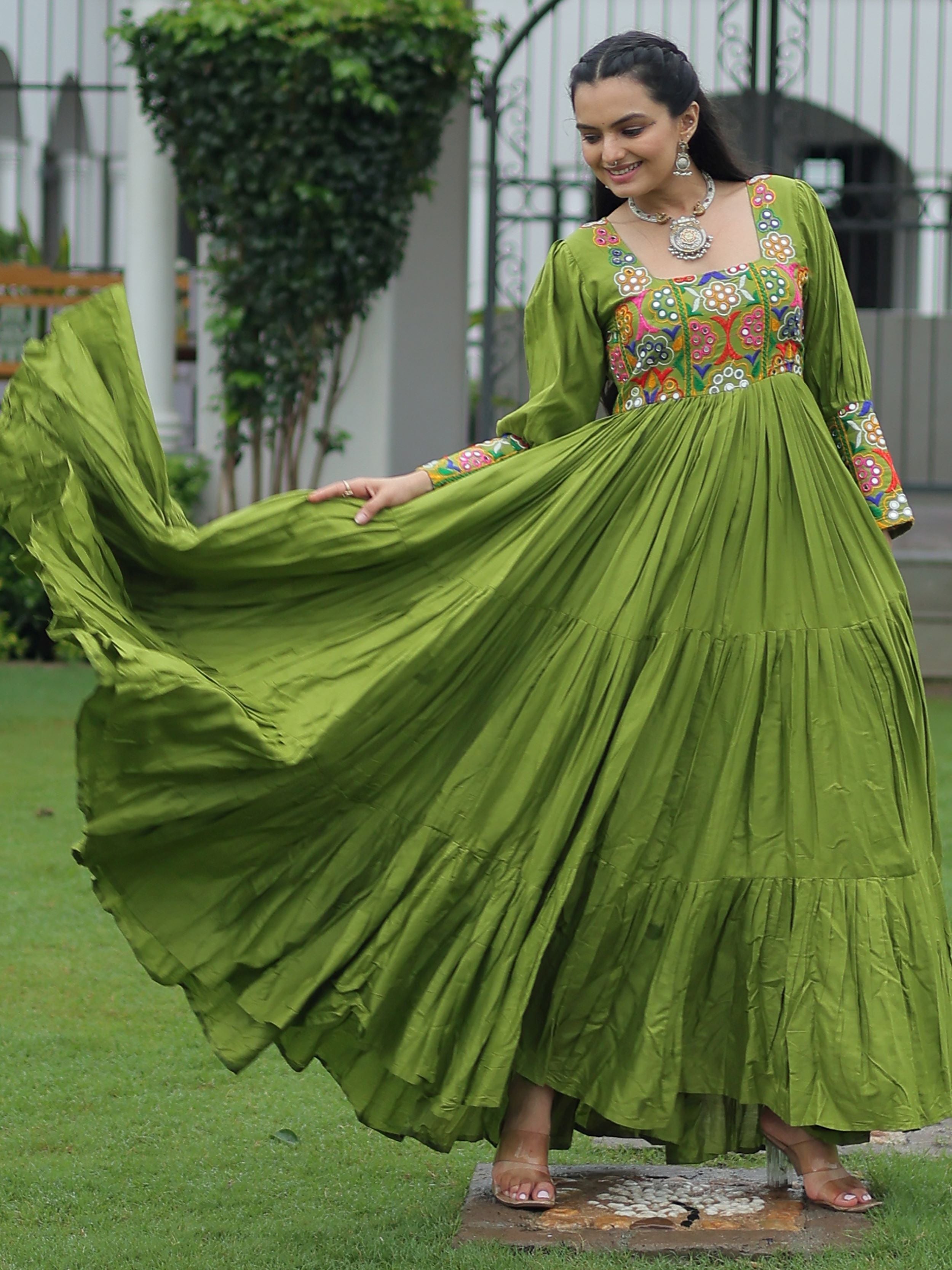 Green Rayon Kutchi Gamthi Work Flair Navratri Wear Gown