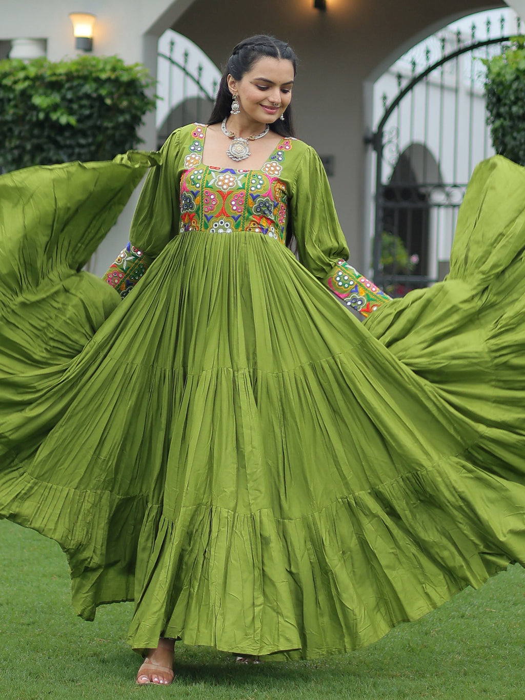 Green Rayon Kutchi Gamthi Work Flair Navratri Wear Gown