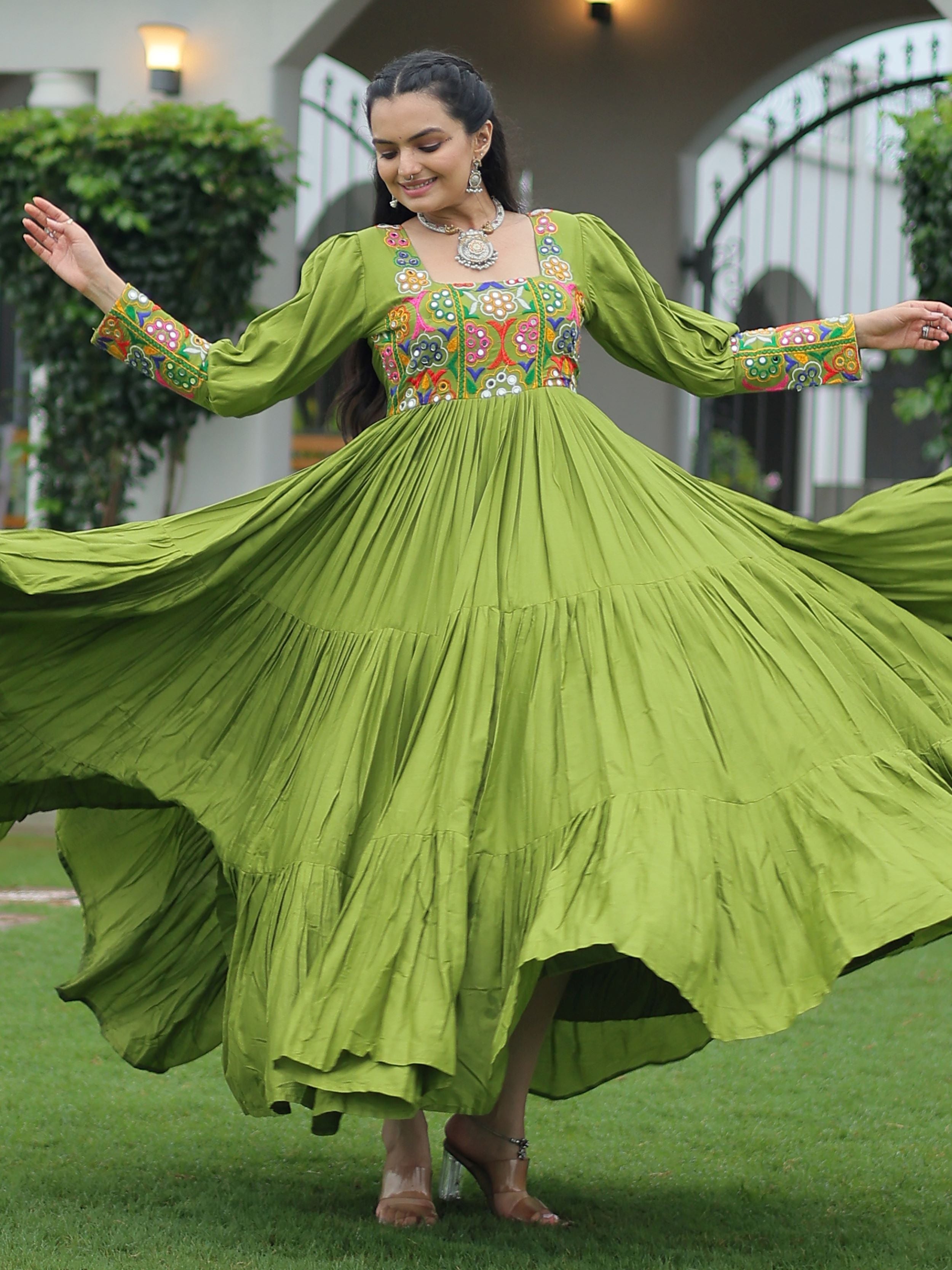 Green Rayon Kutchi Gamthi Work Flair Navratri Wear Gown