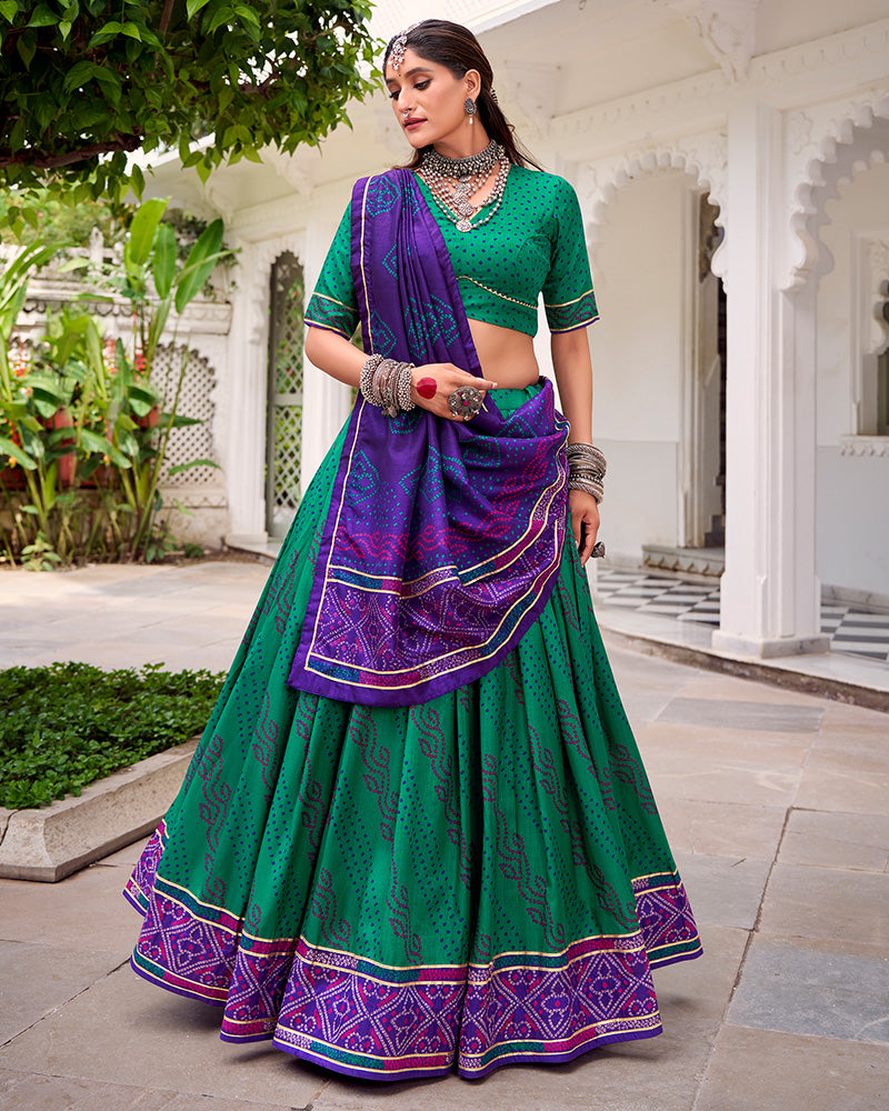 Green Silk Bandhani Print Gotta Patti Lace Work Lehenga Choli