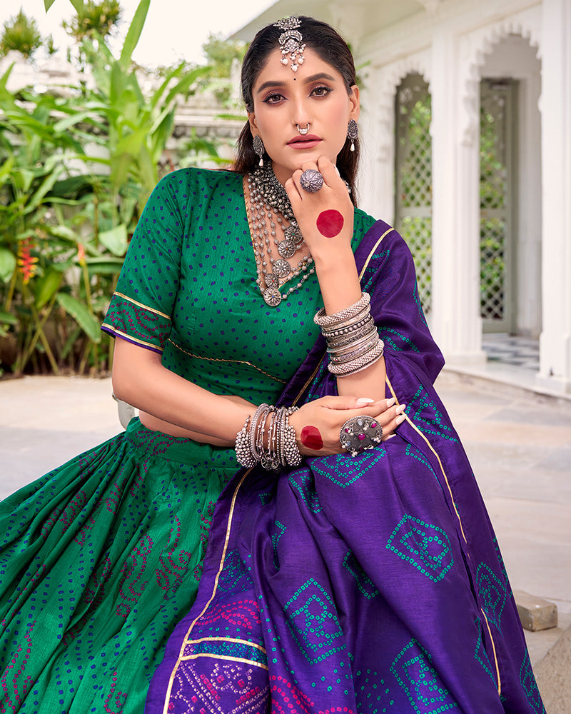 Green Silk Bandhani Print Gotta Patti Lace Work Lehenga Choli