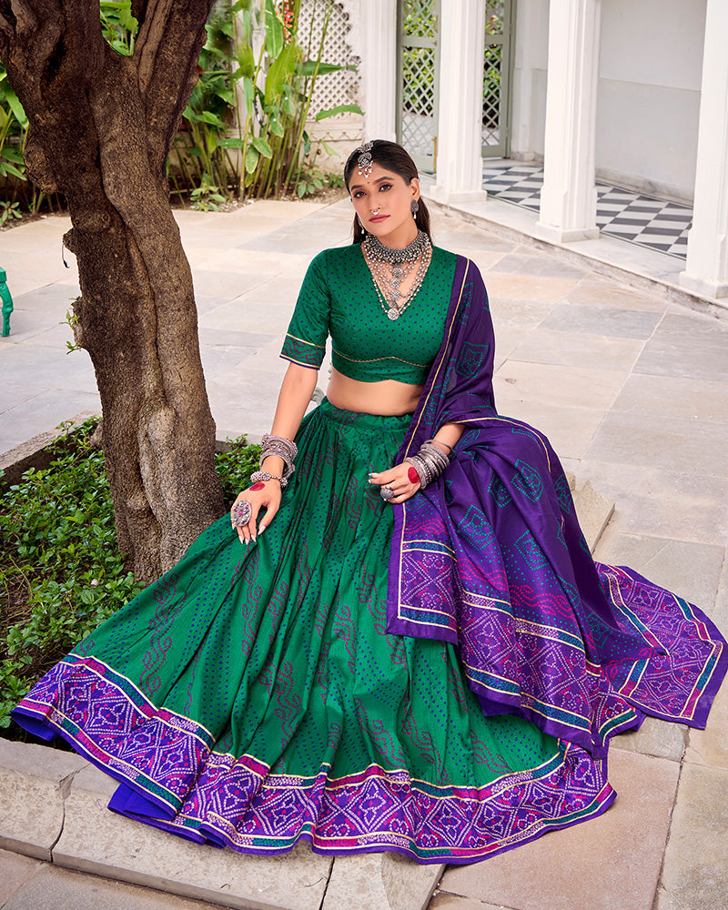Green Silk Bandhani Print Gotta Patti Lace Work Lehenga Choli