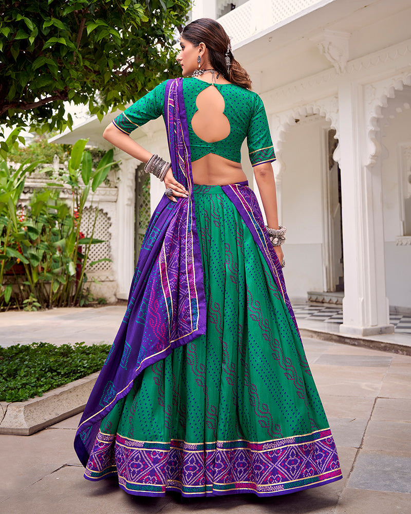 Green Silk Bandhani Print Gotta Patti Lace Work Lehenga Choli
