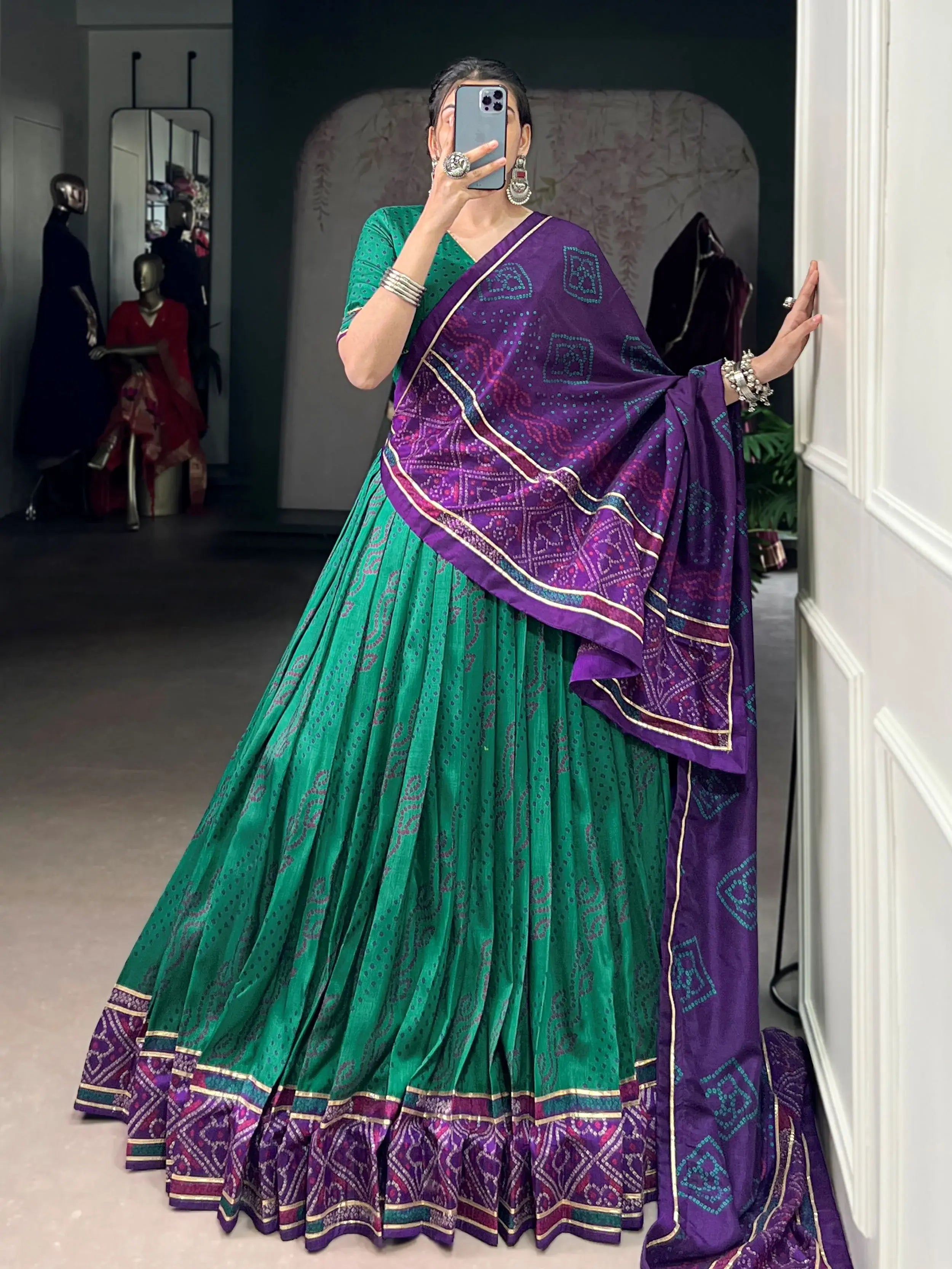 Green Silk Bandhani Print Gotta Patti Lace Work Lehenga Choli