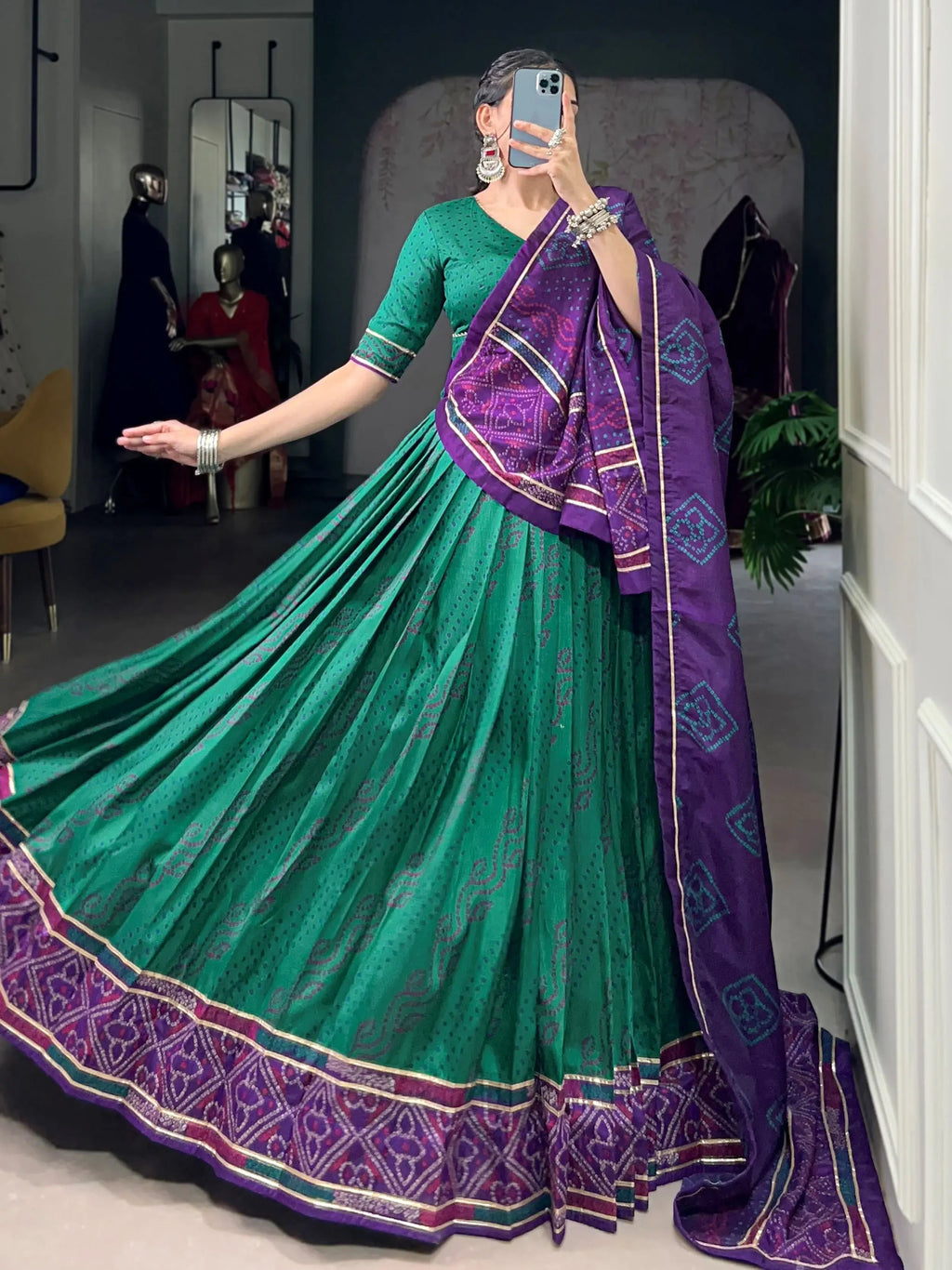 Green Silk Bandhani Print Gotta Patti Lace Work Lehenga Choli