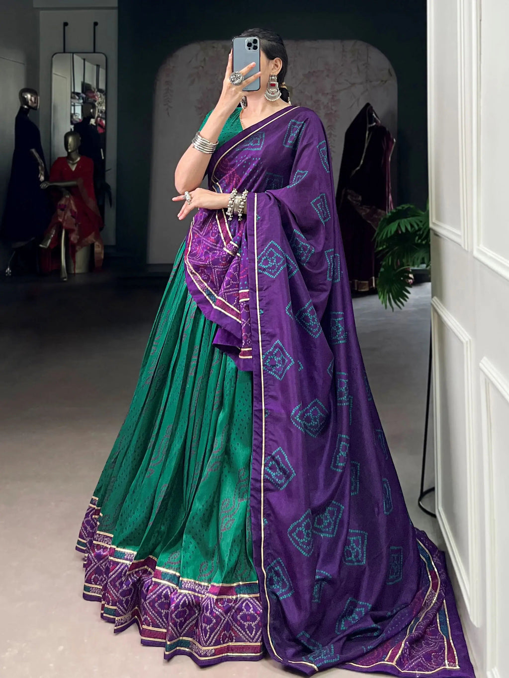 Green Silk Bandhani Print Gotta Patti Lace Work Lehenga Choli