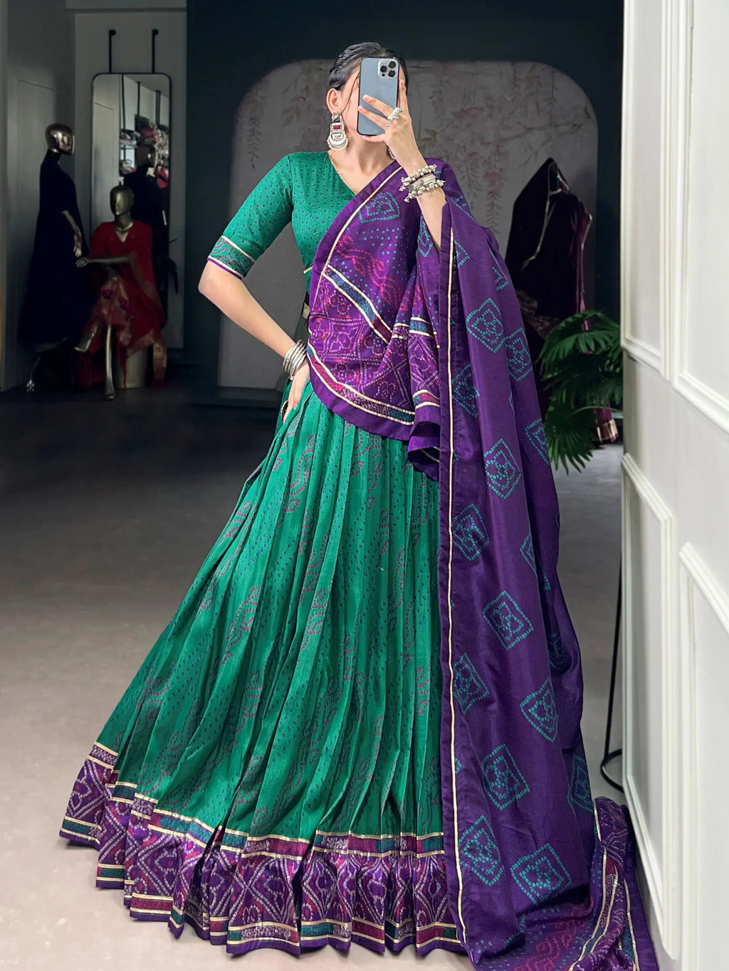 Green Silk Bandhani Print Gotta Patti Lace Work Lehenga Choli