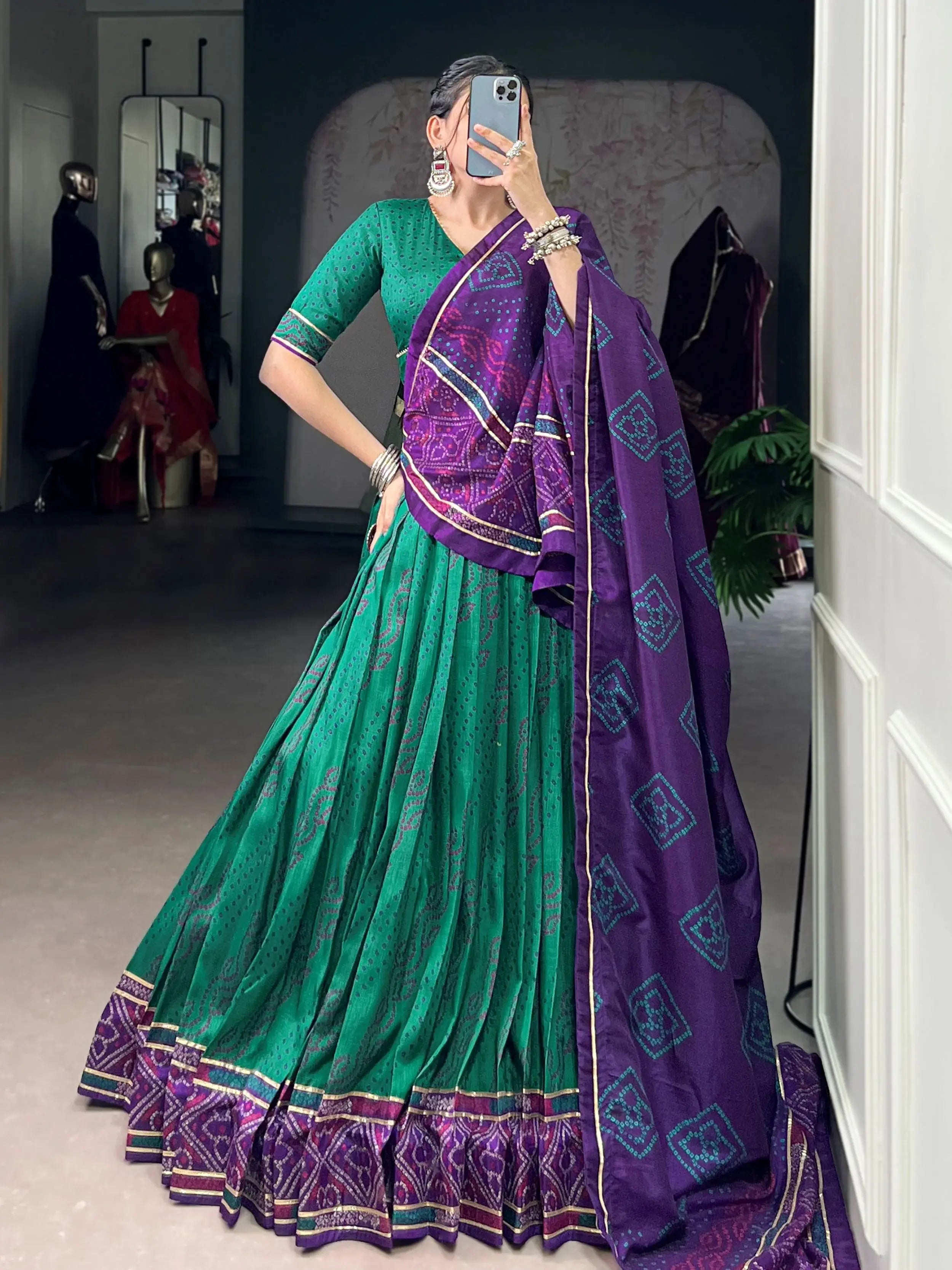 Green Silk Bandhani Print Gotta Patti Lace Work Lehenga Choli