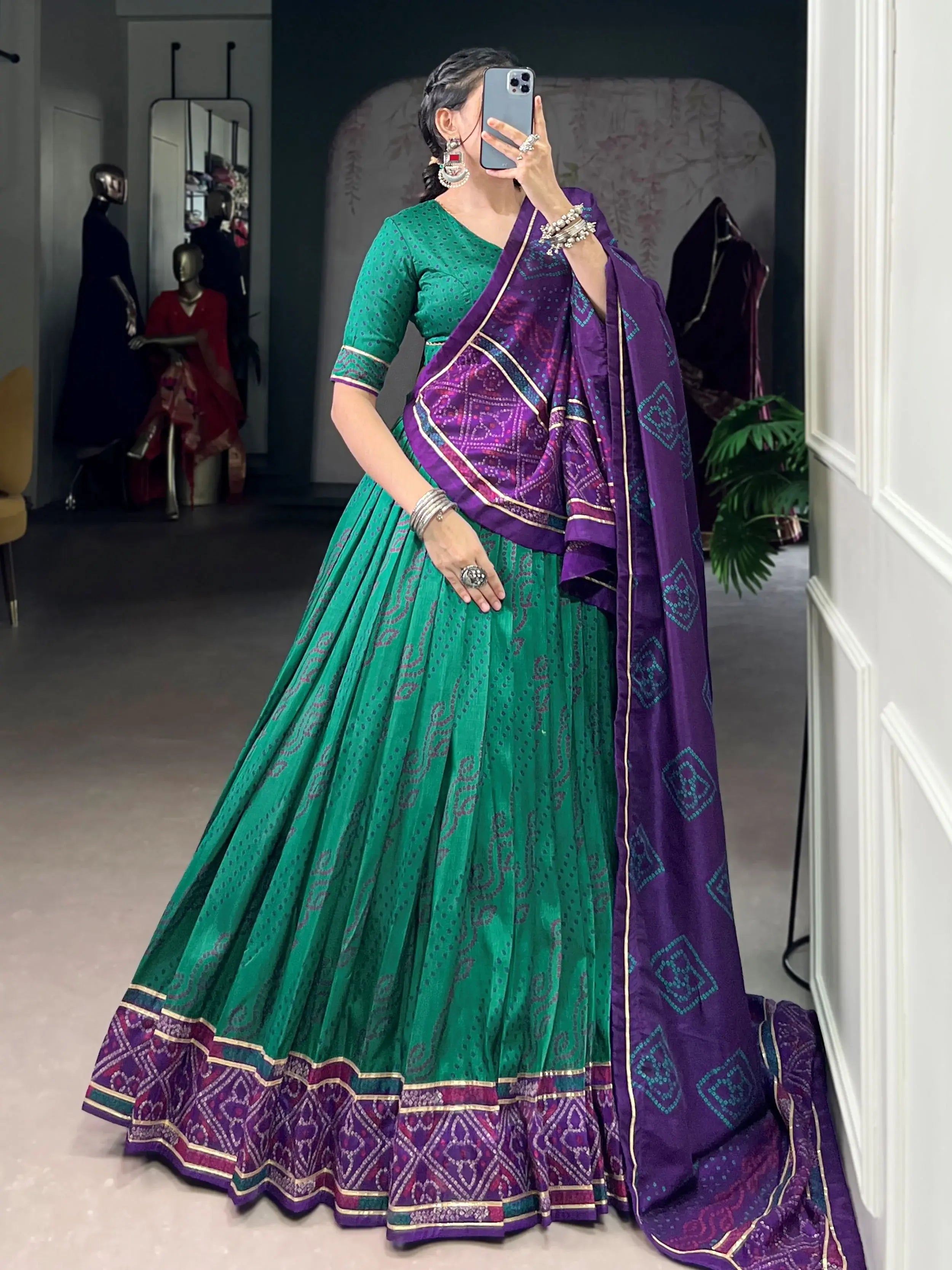 Green Silk Bandhani Print Gotta Patti Lace Work Lehenga Choli