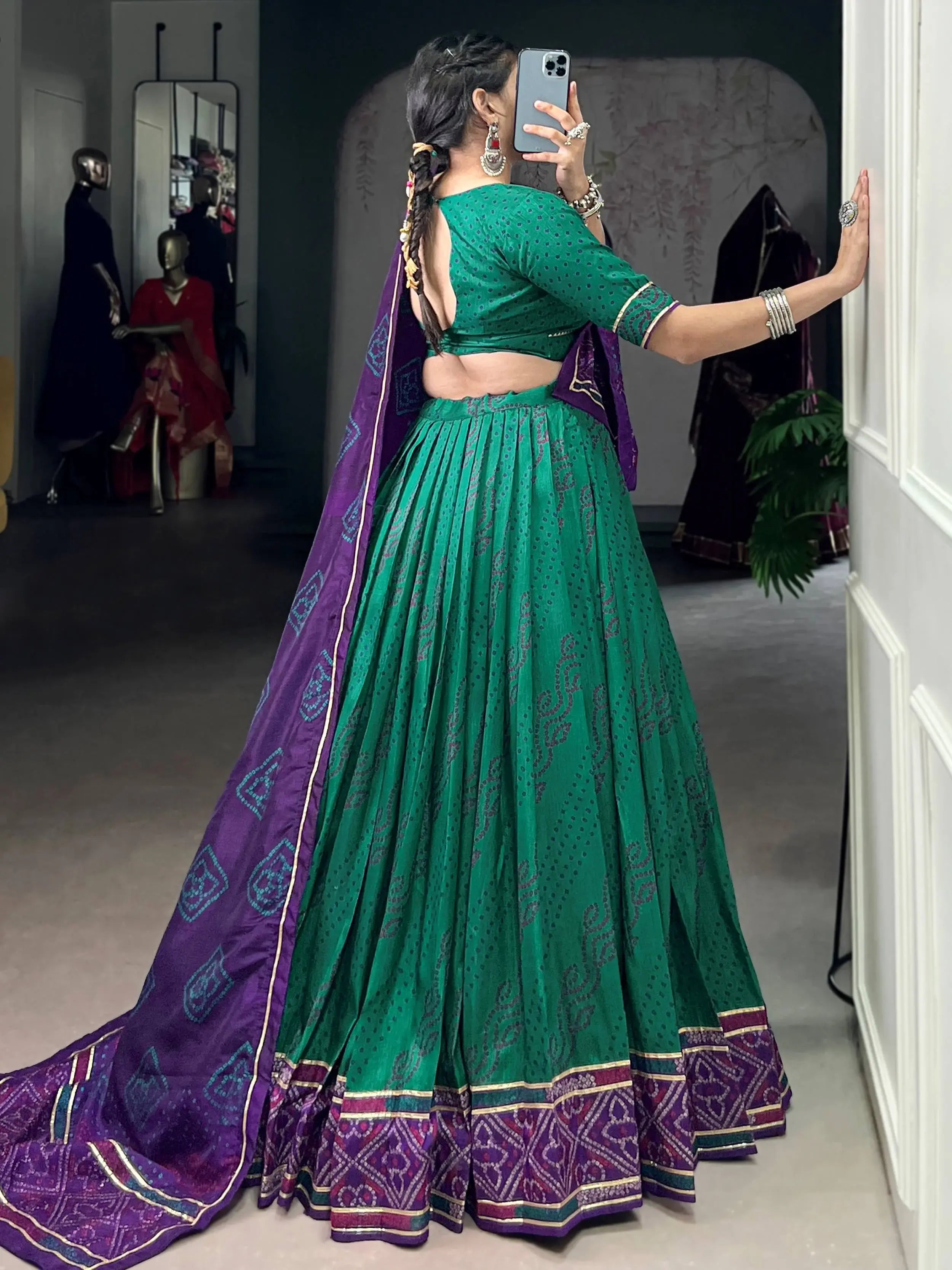 Green Silk Bandhani Print Gotta Patti Lace Work Lehenga Choli