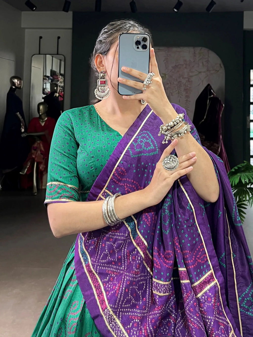 Green Silk Bandhani Print Gotta Patti Lace Work Lehenga Choli