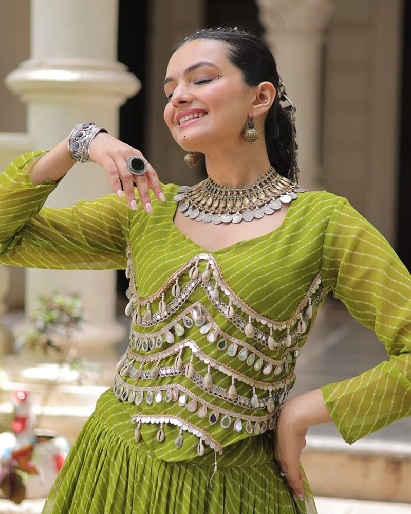 Green Soft Georgette Gota Patti Lace Bandhej Leheriya Print Lehenga Choli