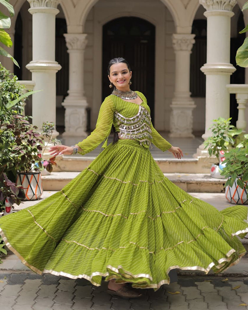 Green Soft Georgette Gota Patti Lace Bandhej Leheriya Print Lehenga Choli