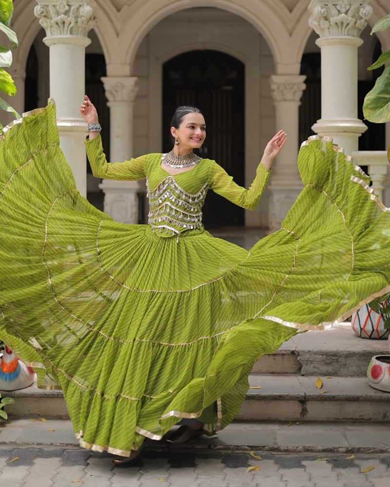 Green Soft Georgette Gota Patti Lace Bandhej Leheriya Print Lehenga Choli