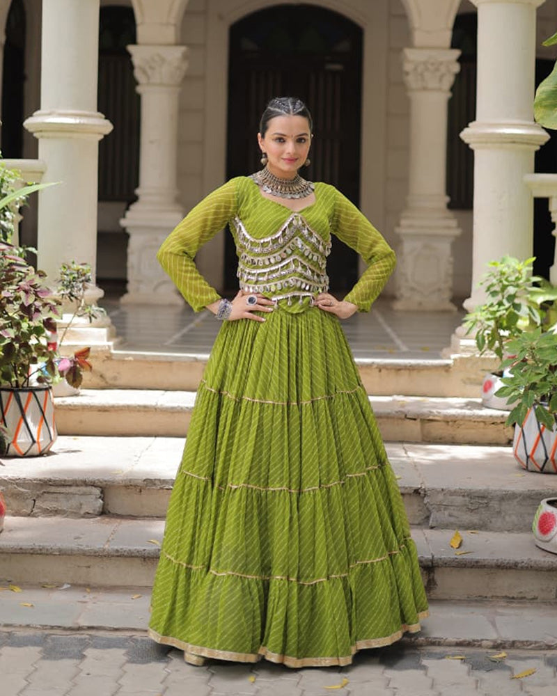 Green Soft Georgette Gota Patti Lace Bandhej Leheriya Print Lehenga Choli