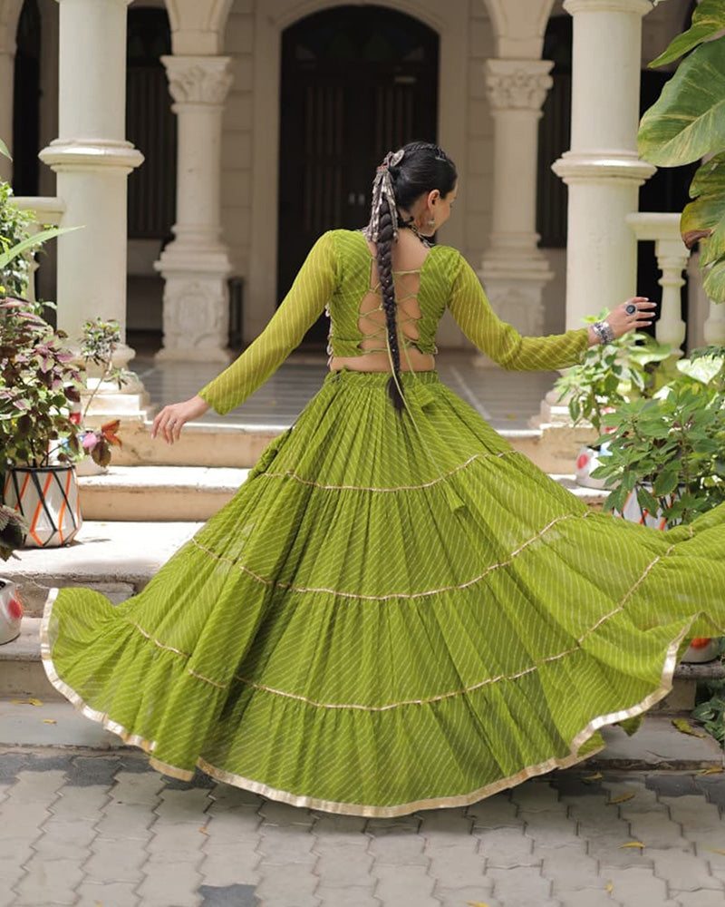 Green Soft Georgette Gota Patti Lace Bandhej Leheriya Print Lehenga Choli