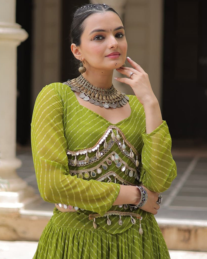 Green Soft Georgette Gota Patti Lace Bandhej Leheriya Print Lehenga Choli