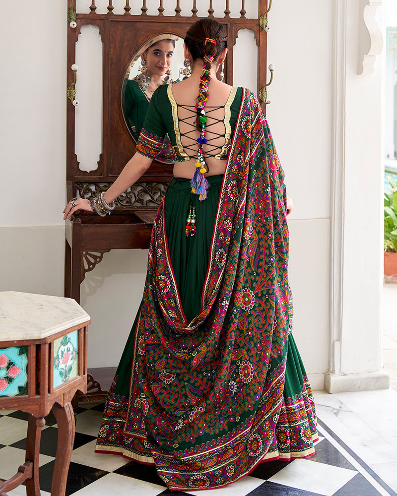 Green tussar silk gamthi print lehenga choli with dupatta