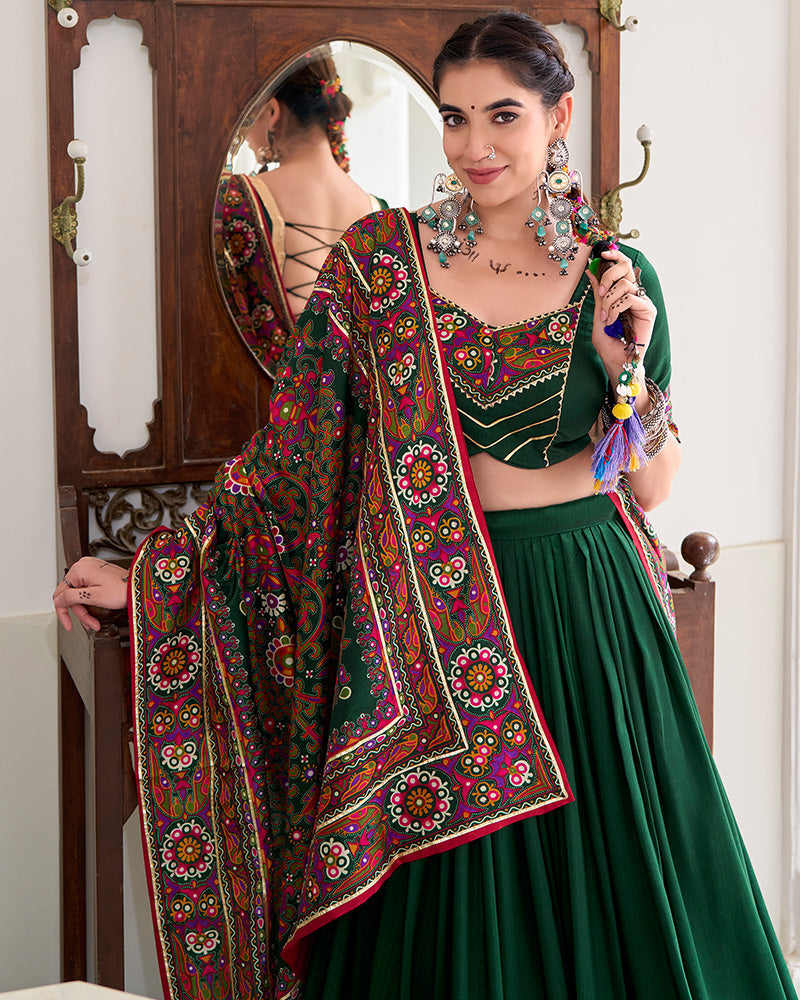 Green tussar silk gamthi print lehenga choli with dupatta