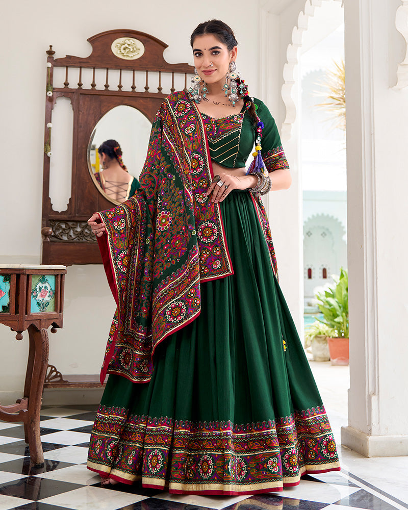 Green tussar silk gamthi print lehenga choli with dupatta