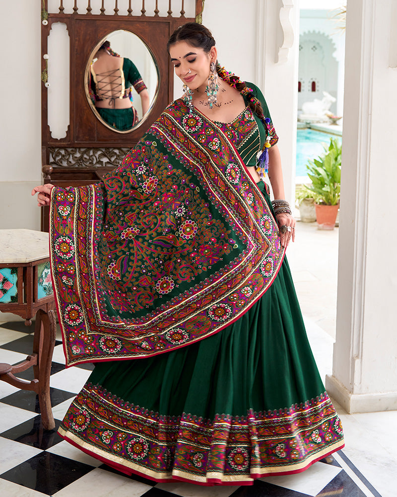Green tussar silk gamthi print lehenga choli with dupatta