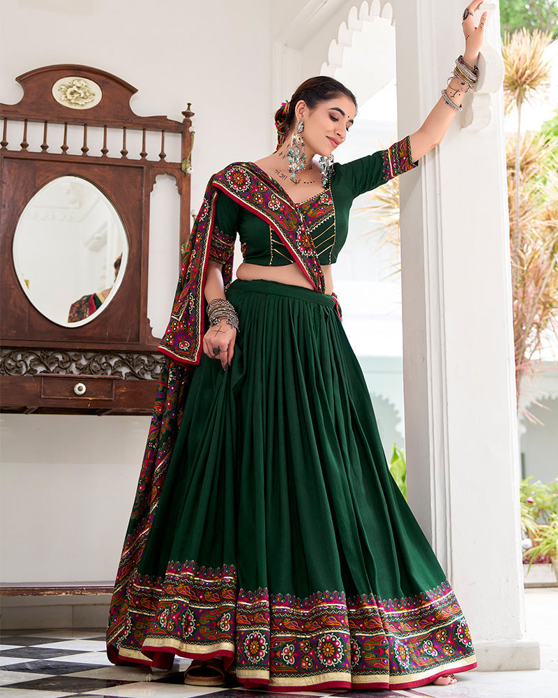 Green tussar silk gamthi print lehenga choli with dupatta