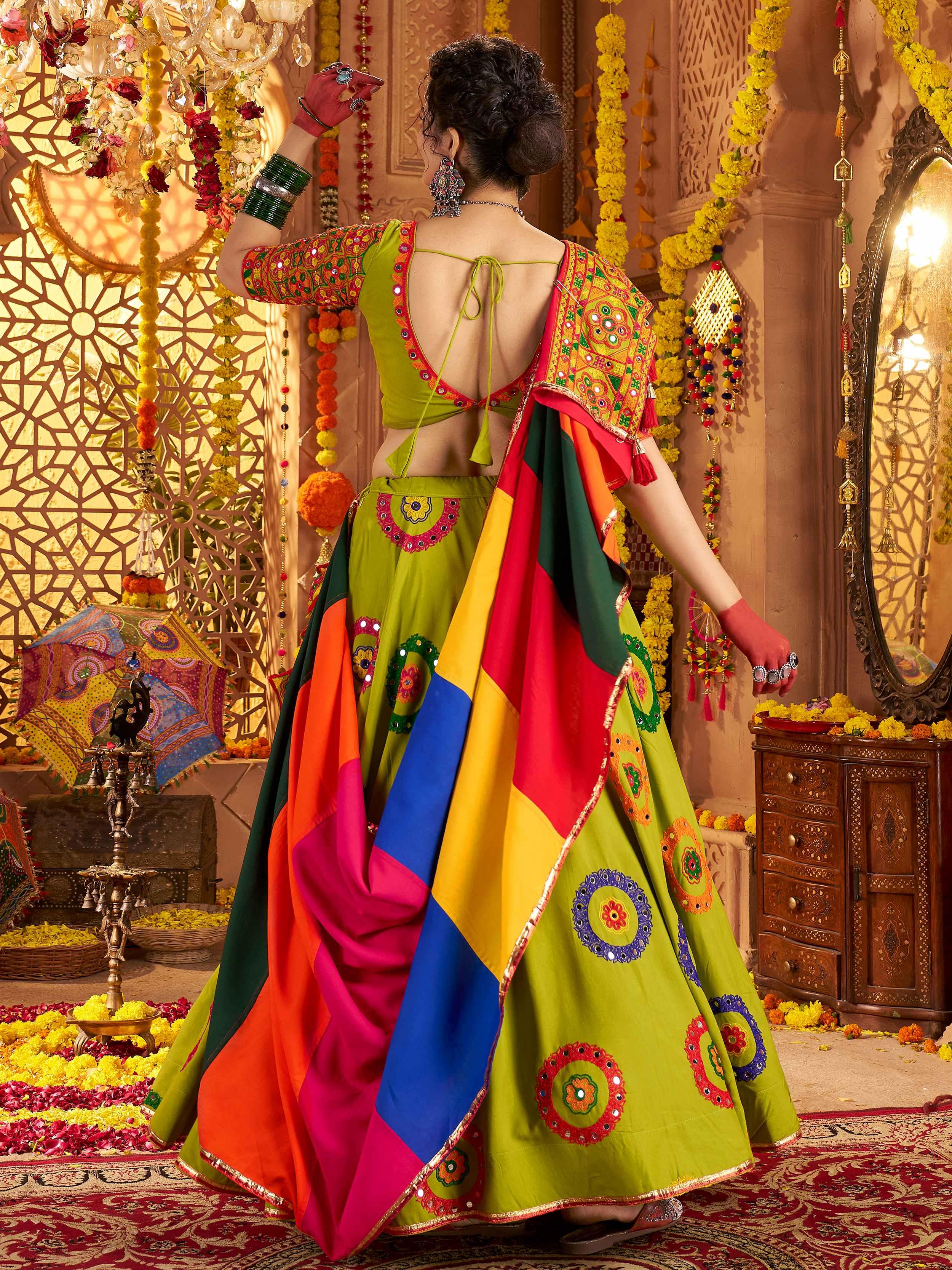 Green Viscose Cotton Mirror Thread Embroidery Work Navratri Lehenga Choli