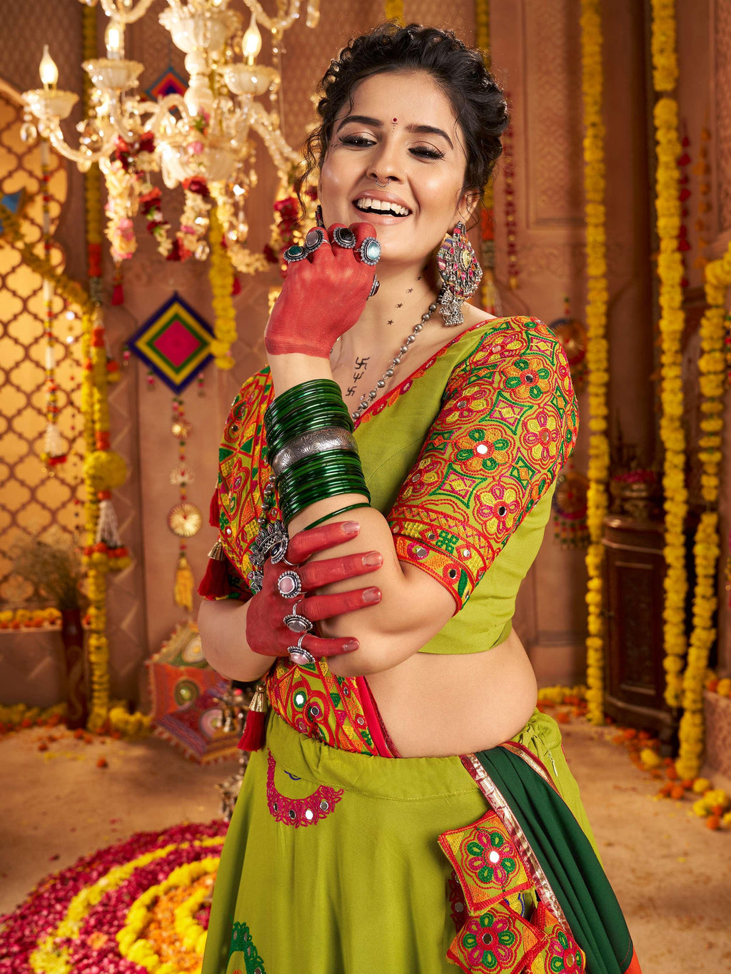 Green Viscose Cotton Mirror Thread Embroidery Work Navratri Lehenga Choli