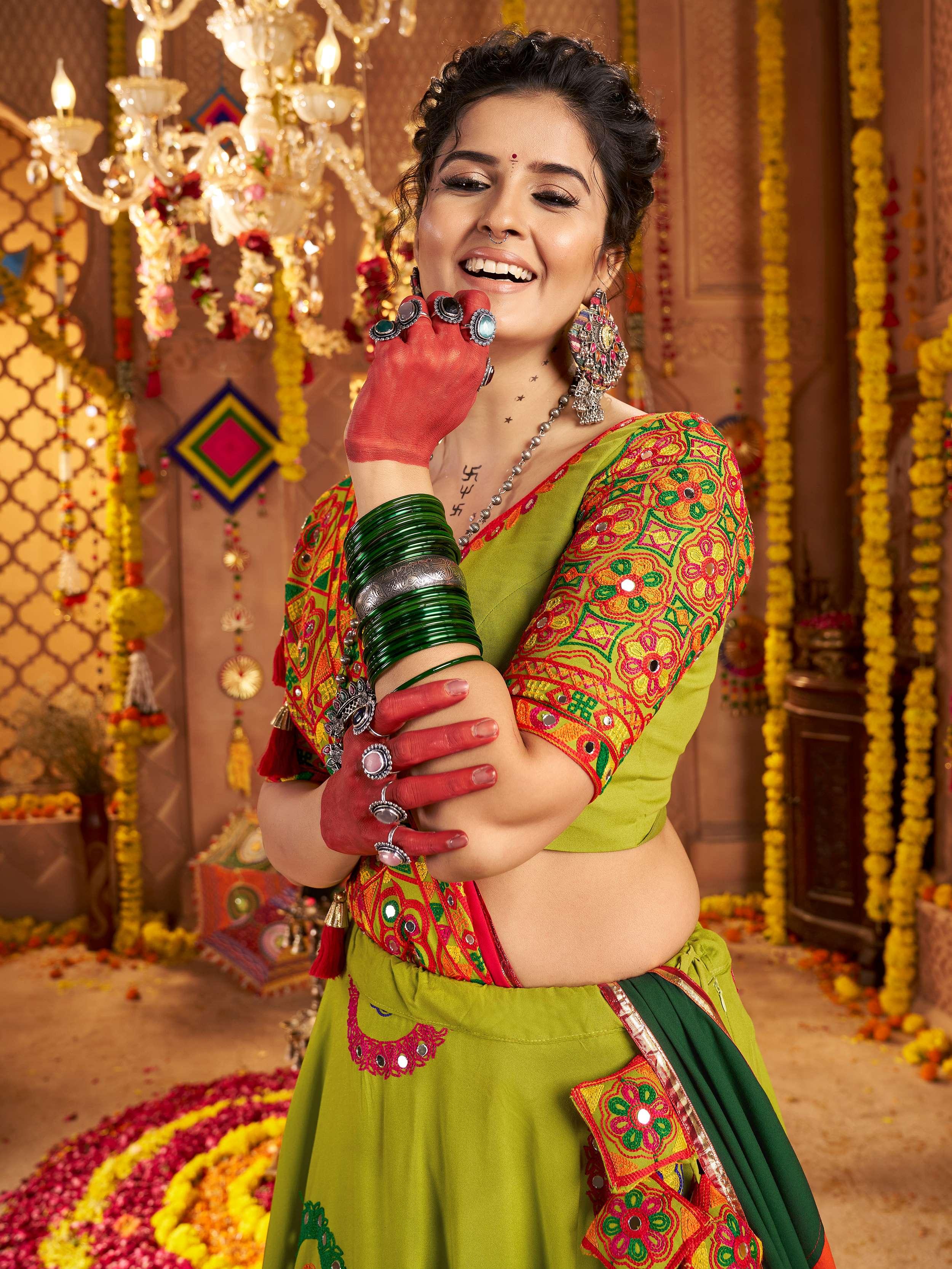 Green Viscose Cotton Mirror Thread Embroidery Work Navratri Lehenga Choli