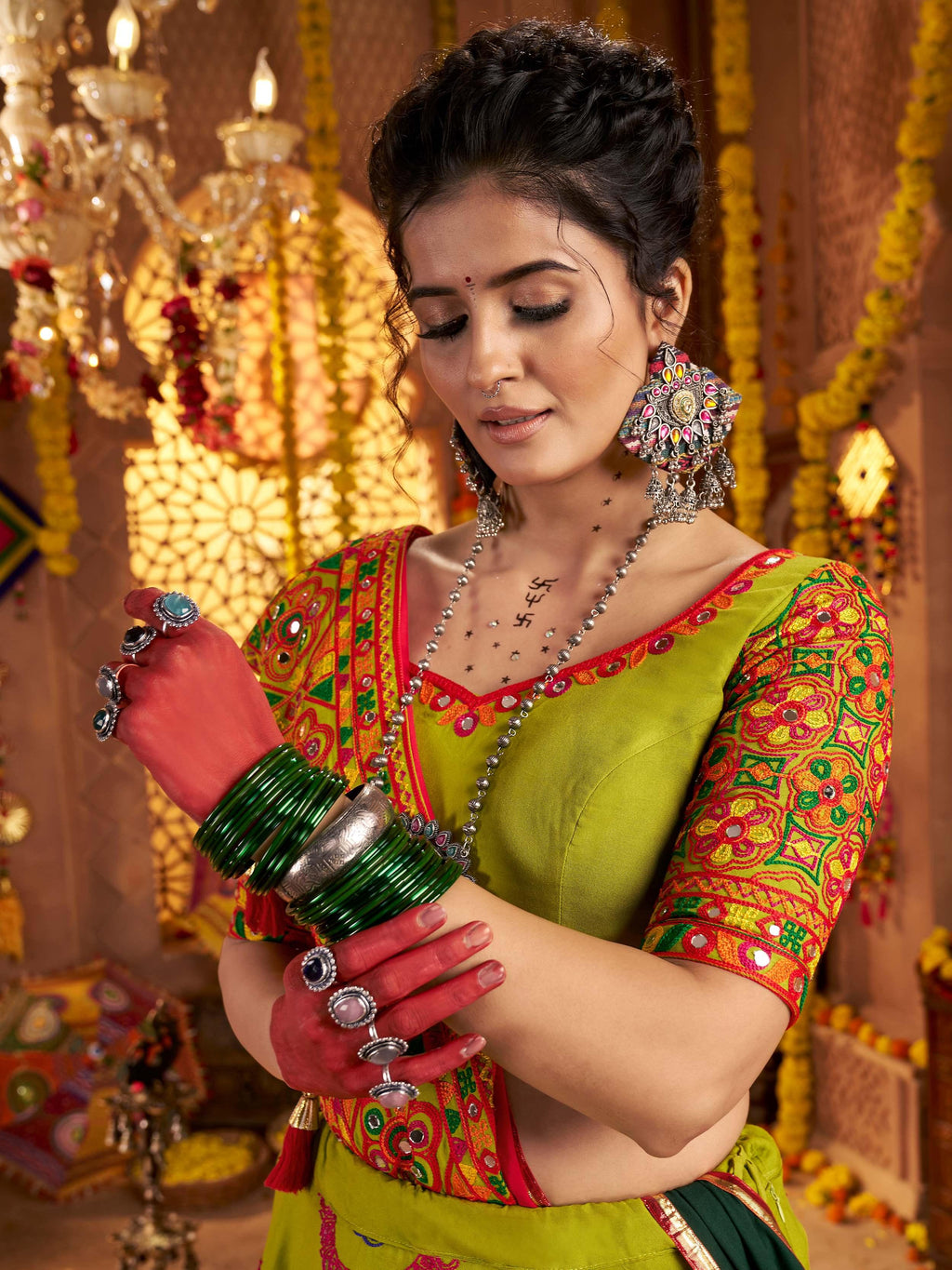 Green Viscose Cotton Mirror Thread Embroidery Work Navratri Lehenga Choli