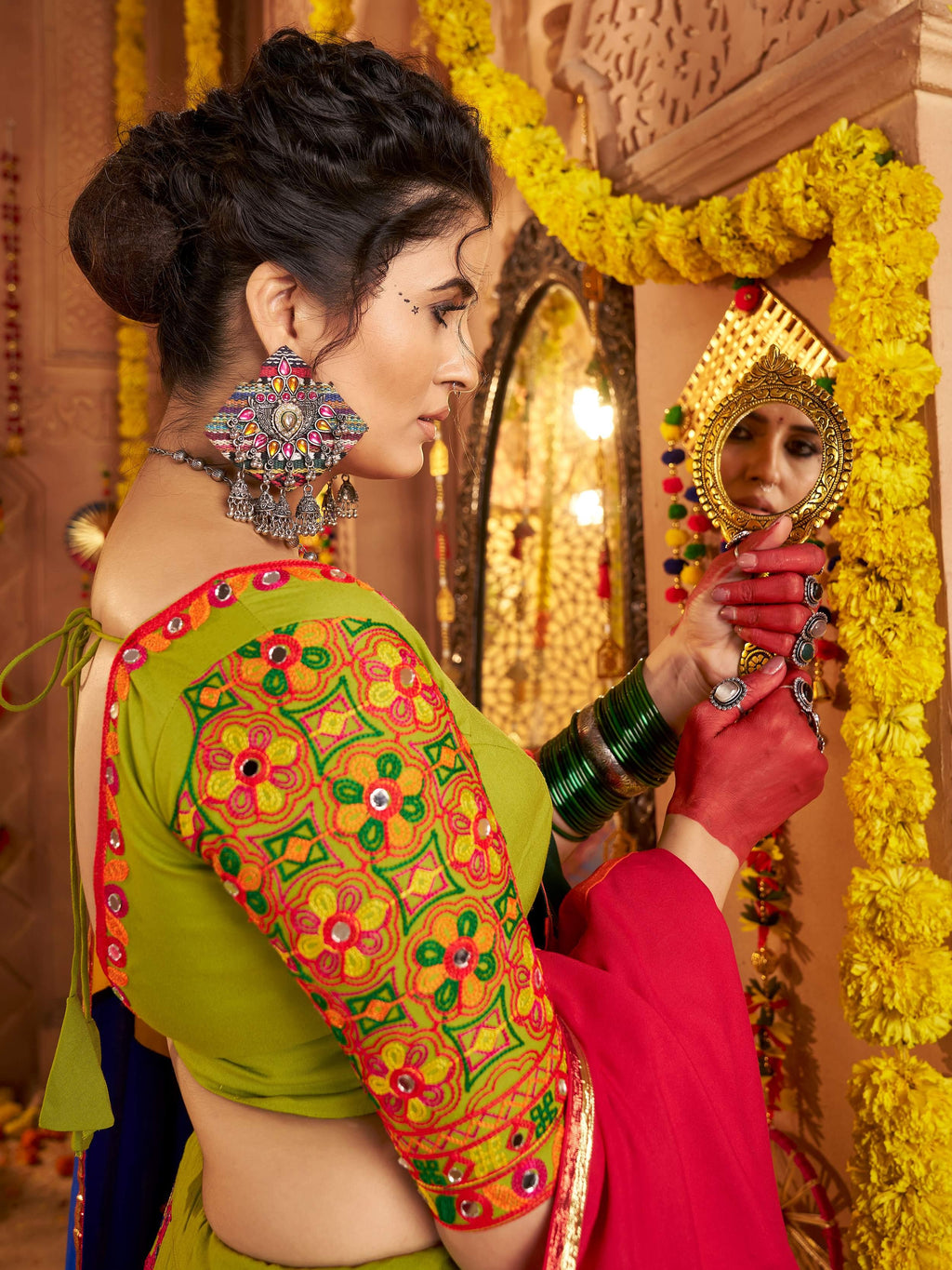 Green Viscose Cotton Mirror Thread Embroidery Work Navratri Lehenga Choli