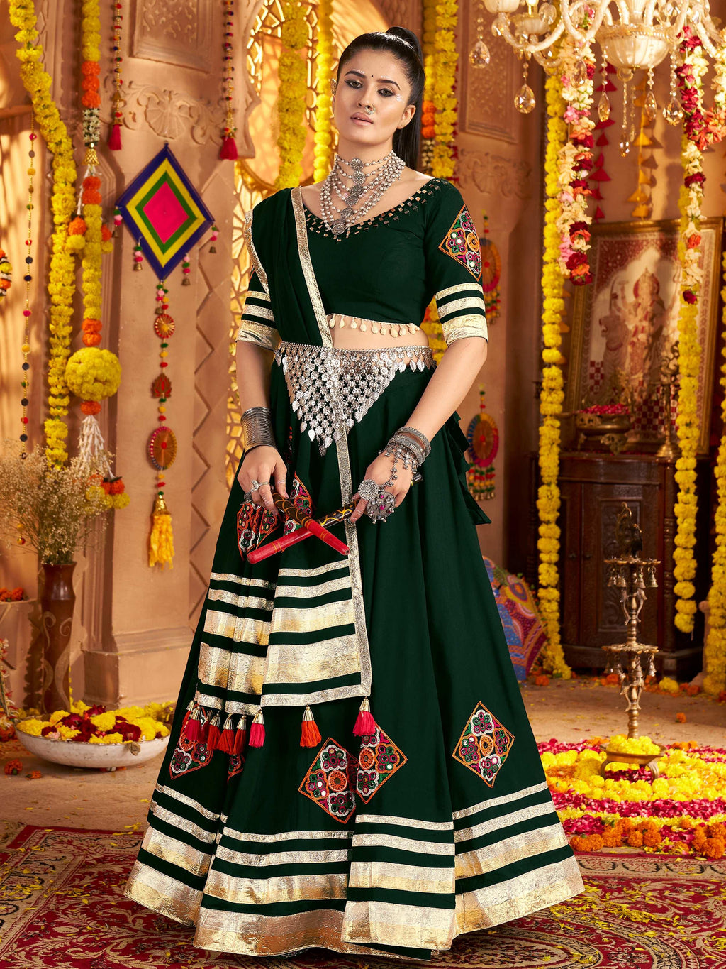 Green Viscose Rayon Mirror and Thread Embroidered Navratri Lehenga Choli