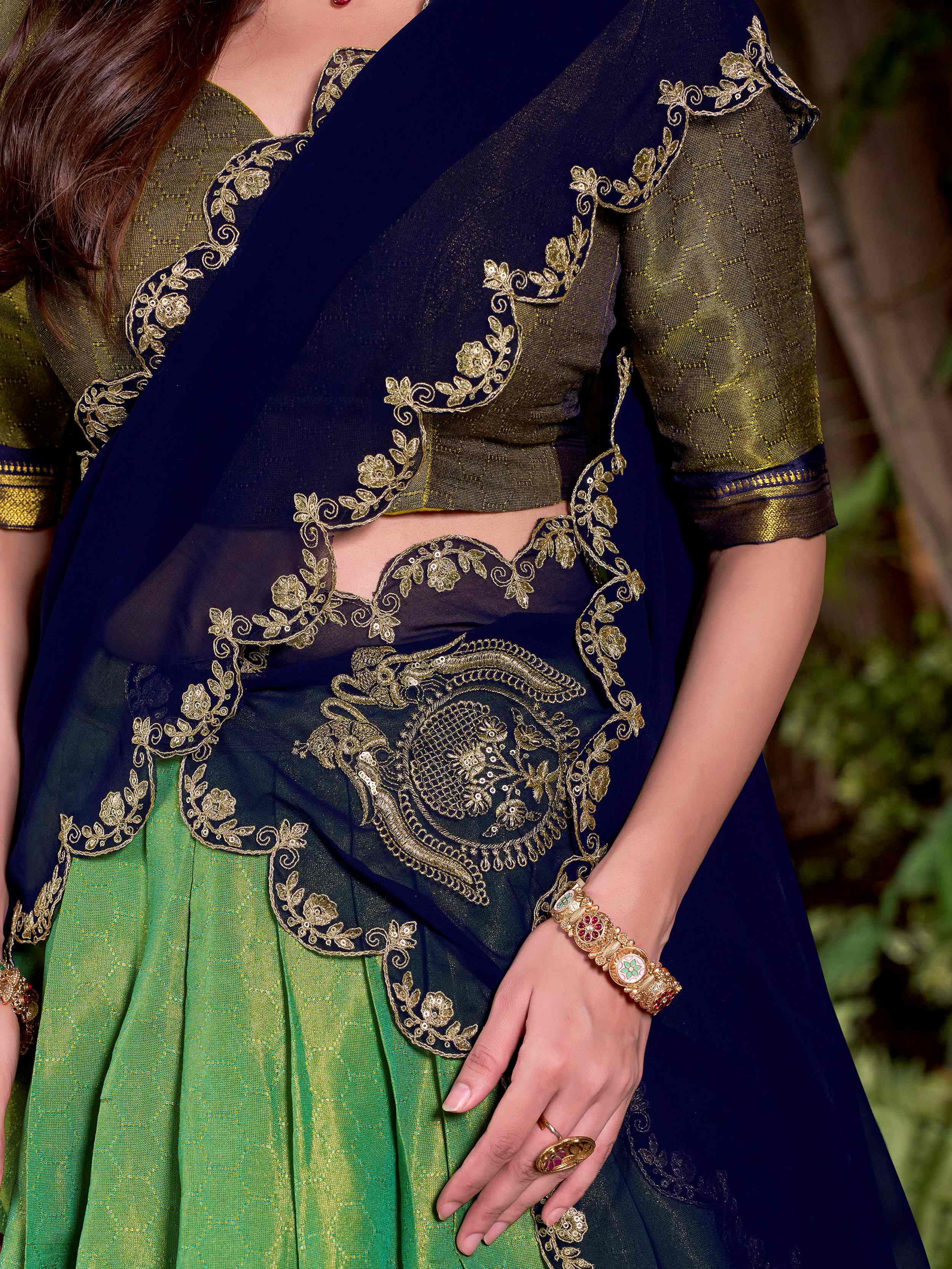 Green Zari Weaving Sequins Embroidered Kanchipuram Silk Lehenga Choli