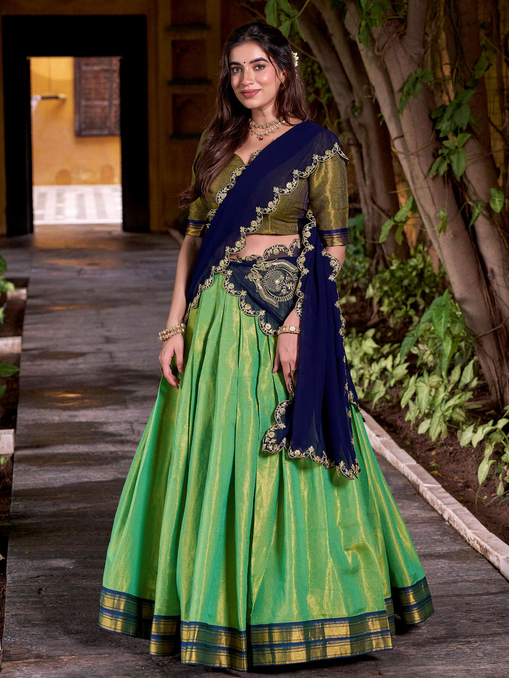 Green Zari Weaving Sequins Embroidered Kanchipuram Silk Lehenga Choli