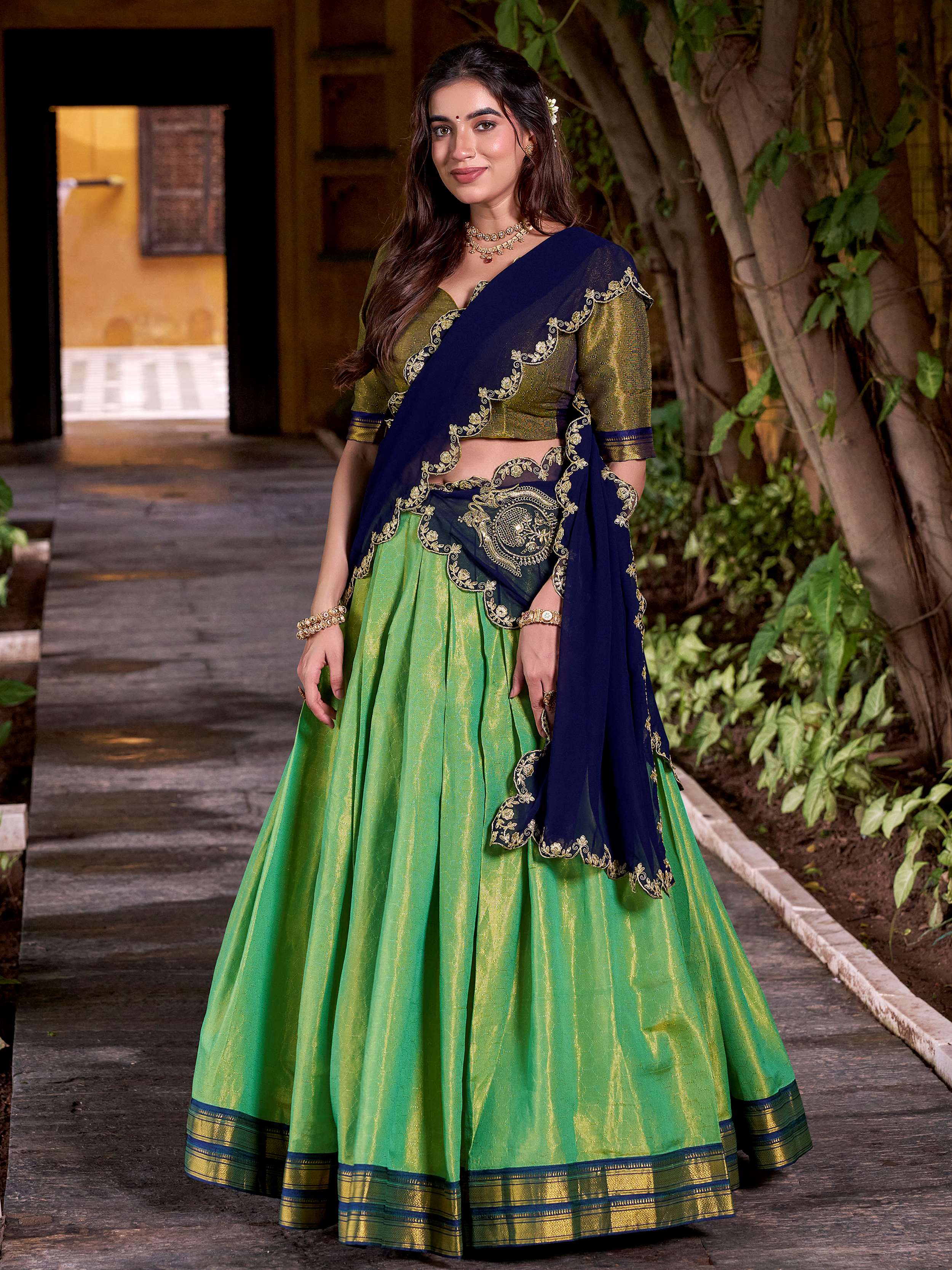 Green Zari Weaving Sequins Embroidered Kanchipuram Silk Lehenga Choli