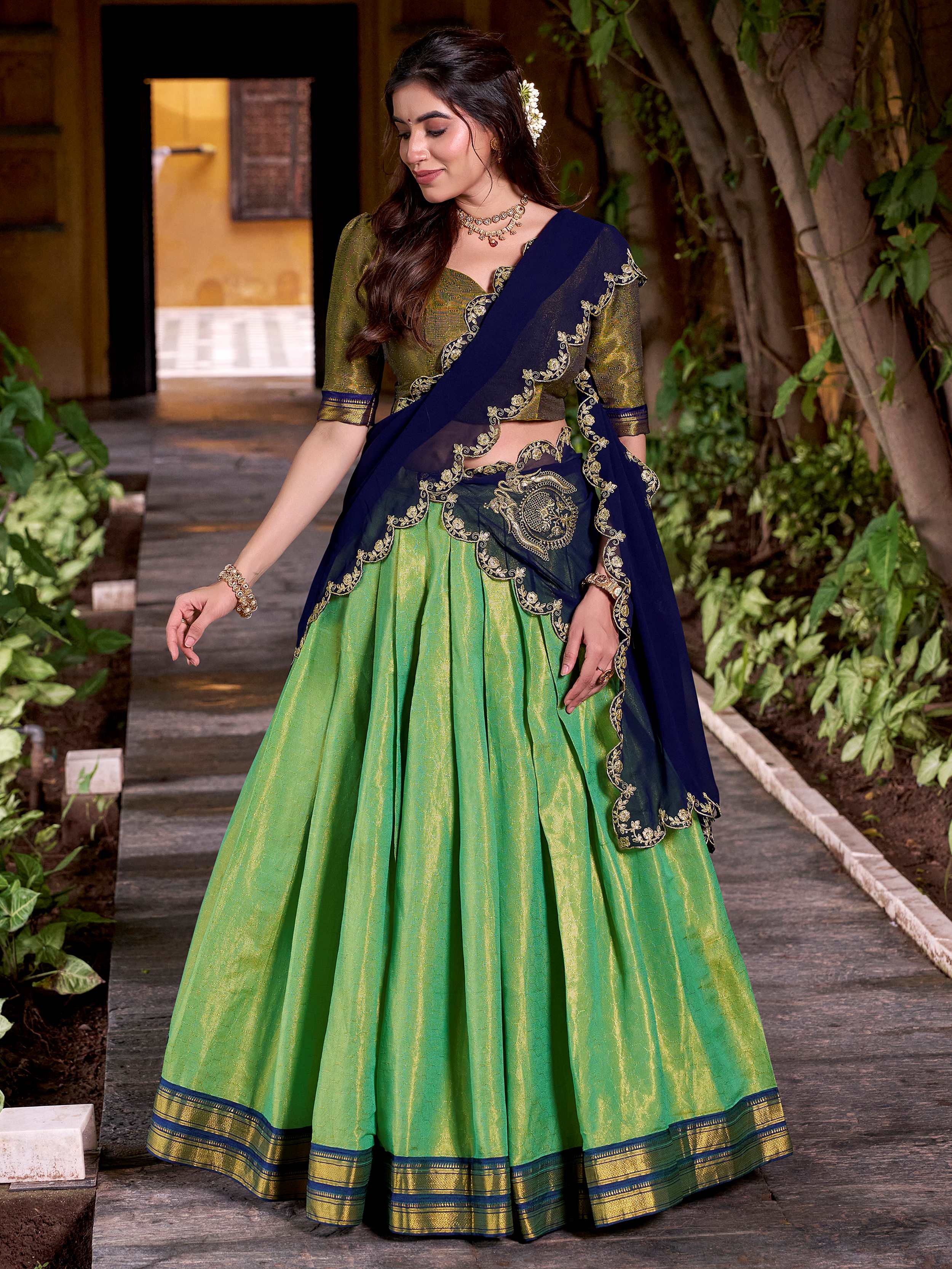 Green Zari Weaving Sequins Embroidered Kanchipuram Silk Lehenga Choli