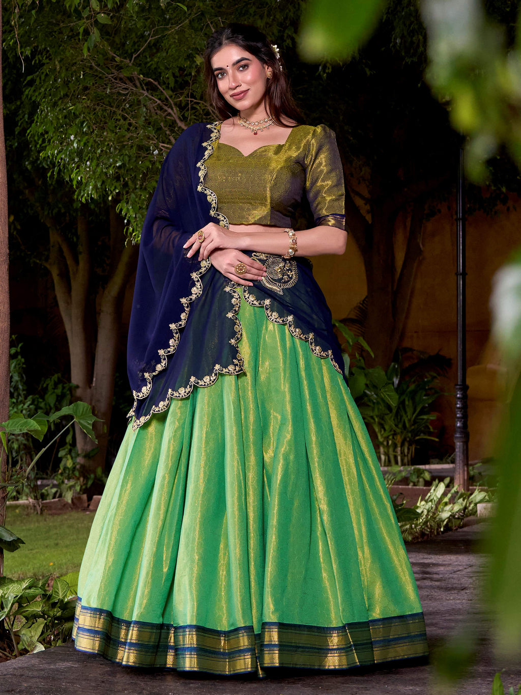 Green Zari Weaving Sequins Embroidered Kanchipuram Silk Lehenga Choli