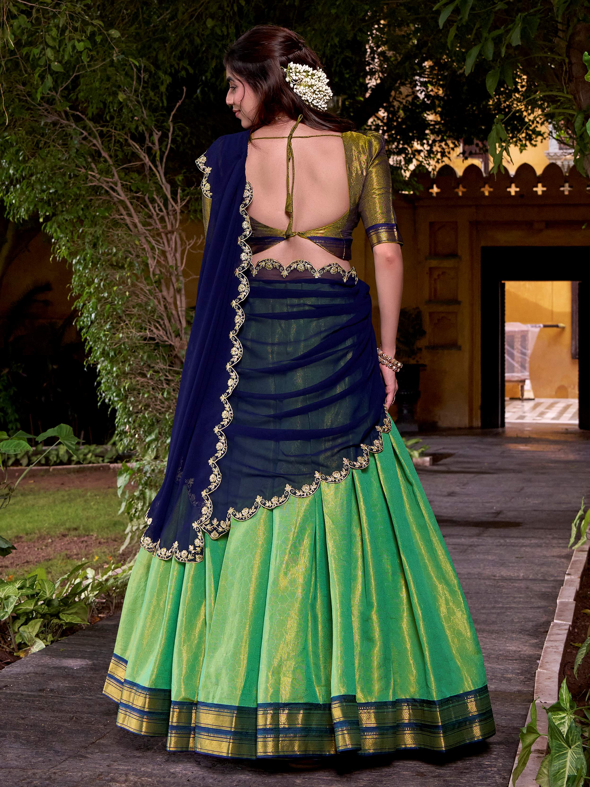 Green Zari Weaving Sequins Embroidered Kanchipuram Silk Lehenga Choli