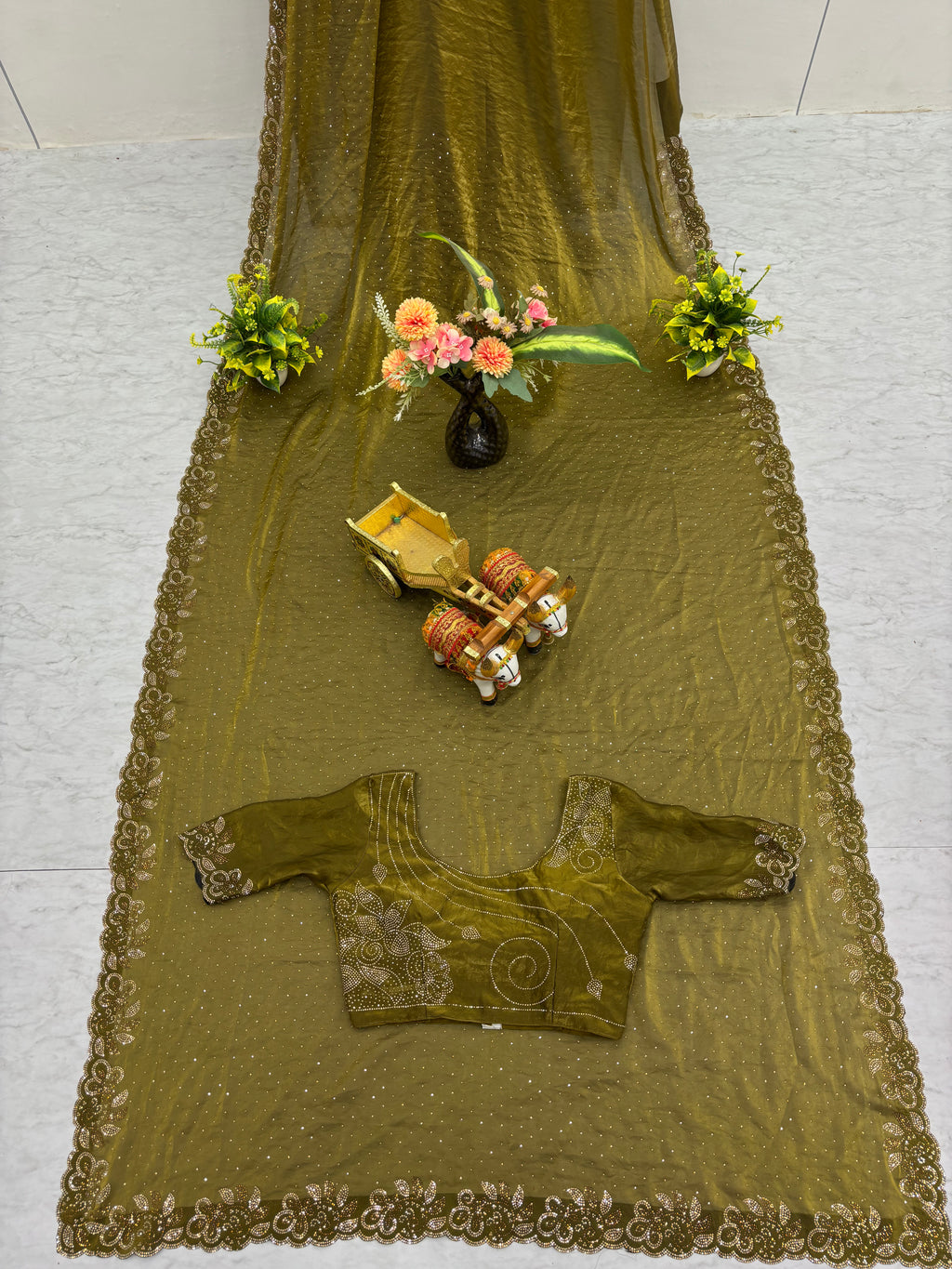Haimavati mehendi green pure fendy silk diamond work saree