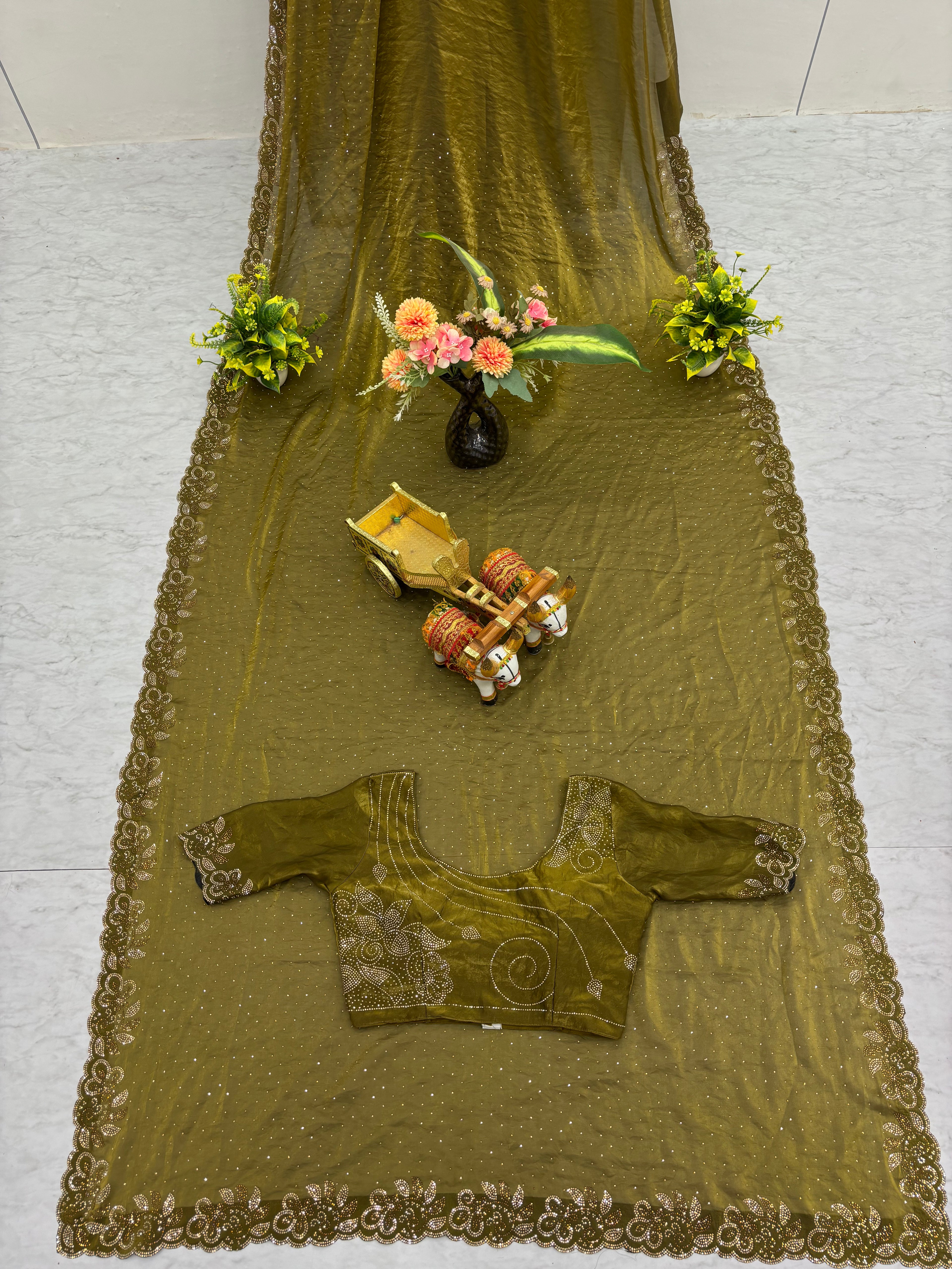 Haimavati mehendi green pure fendy silk diamond work saree