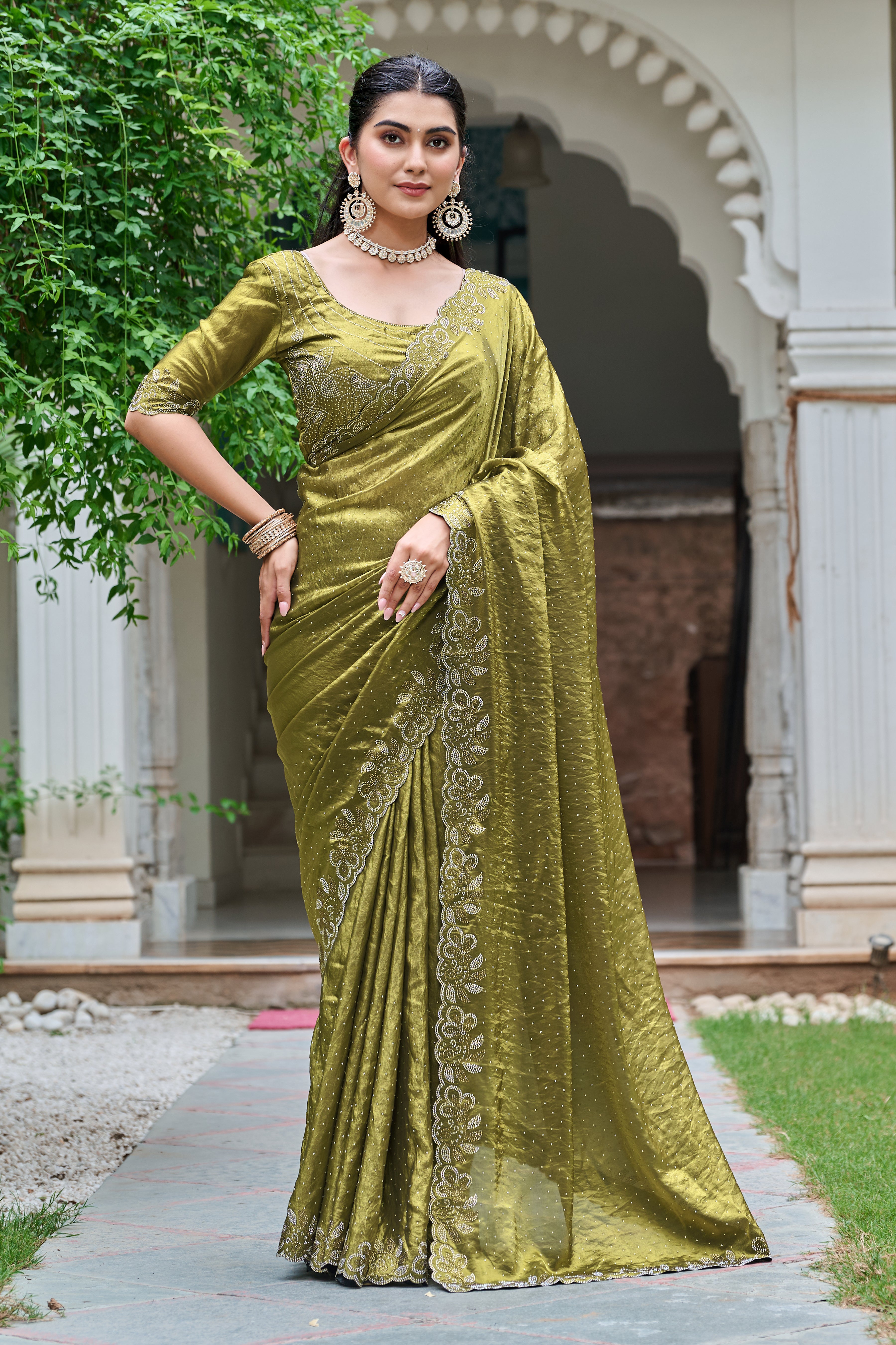 Haimavati mehendi green pure fendy silk diamond work saree