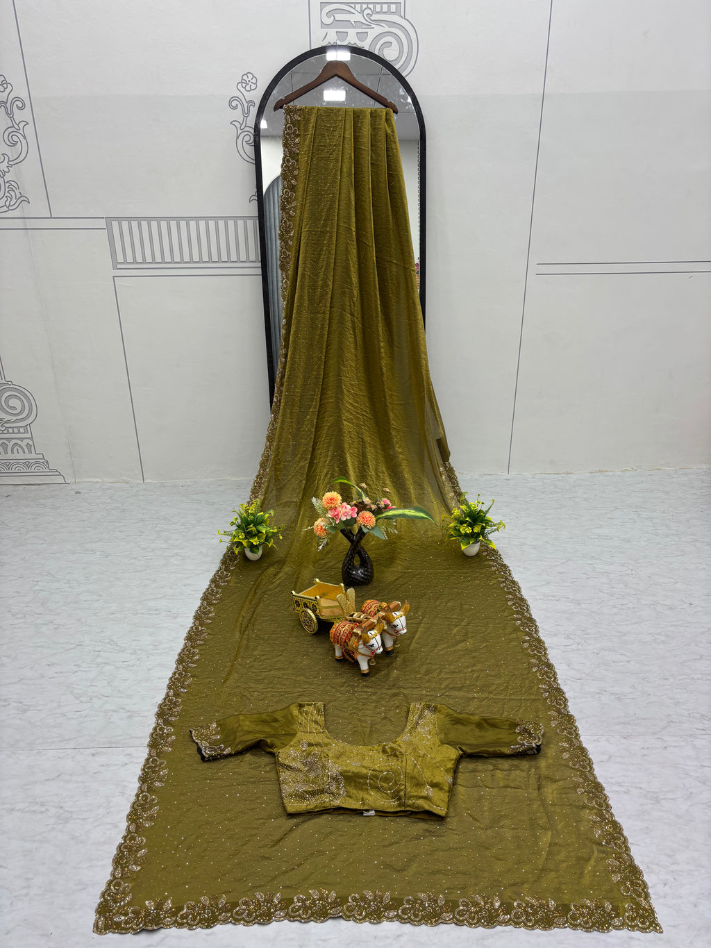 Haimavati mehendi green pure fendy silk diamond work saree