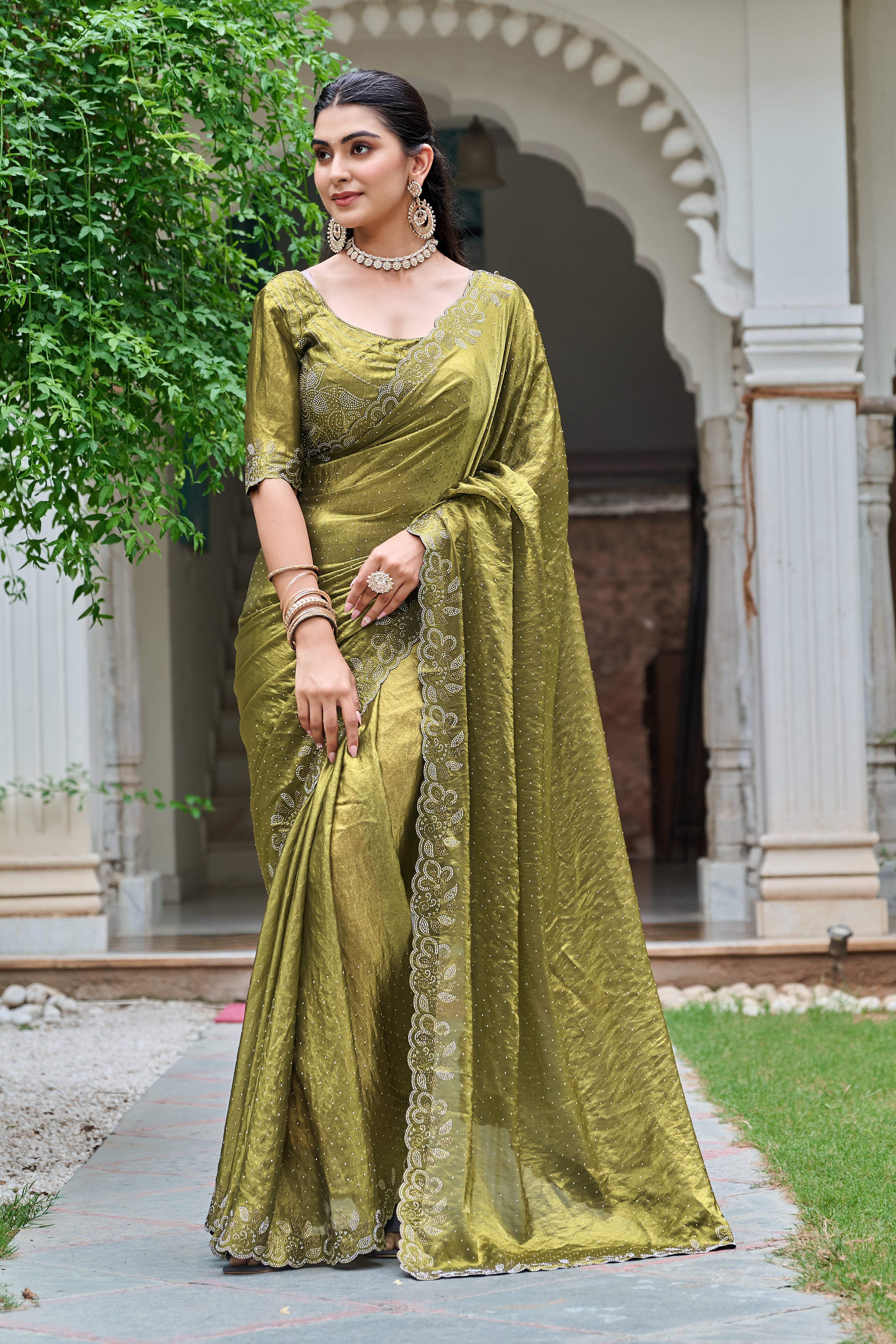 Haimavati mehendi green pure fendy silk diamond work saree
