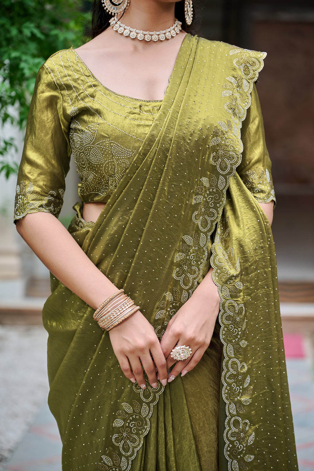 Haimavati mehendi green pure fendy silk diamond work saree