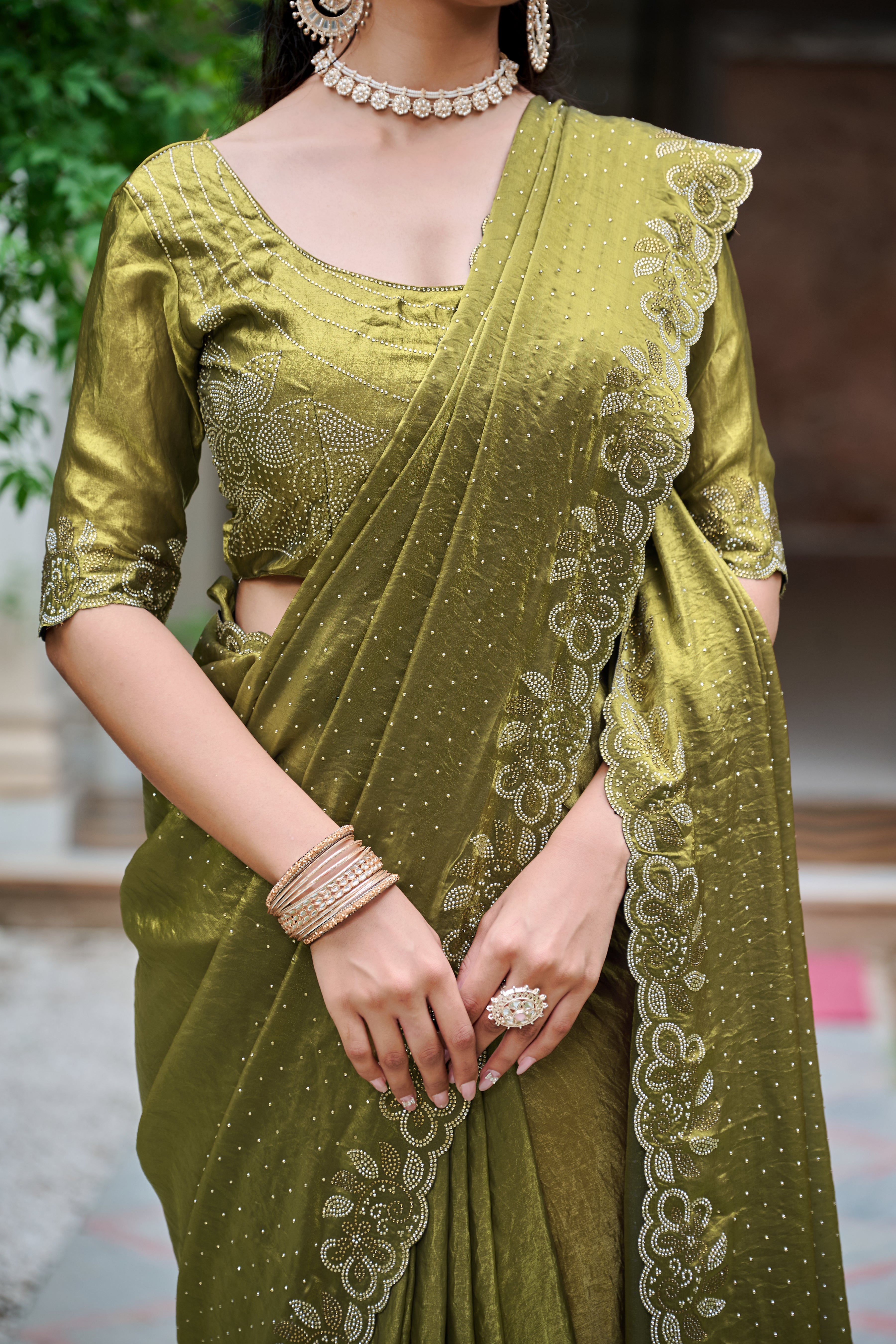 Haimavati mehendi green pure fendy silk diamond work saree