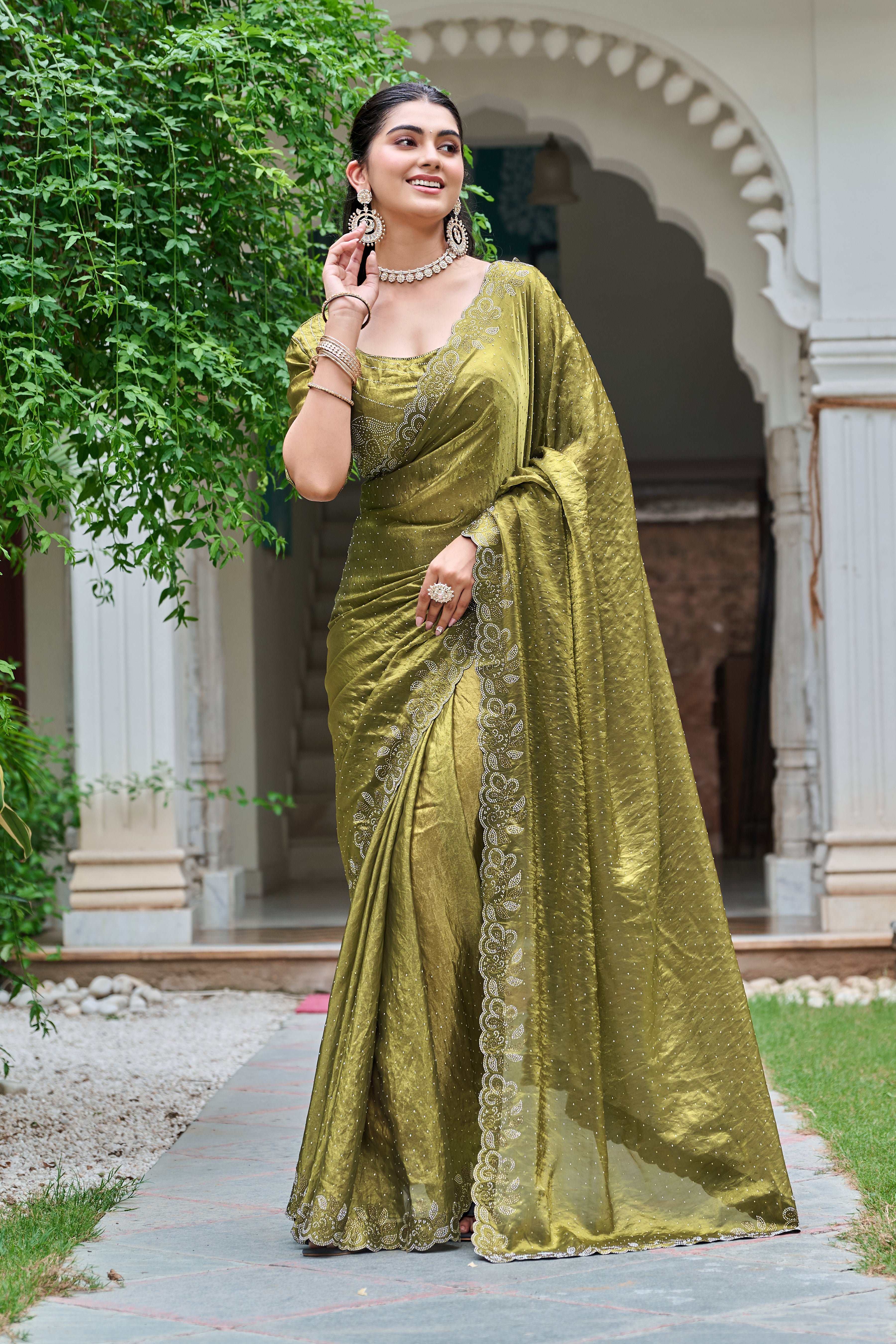 Haimavati mehendi green pure fendy silk diamond work saree